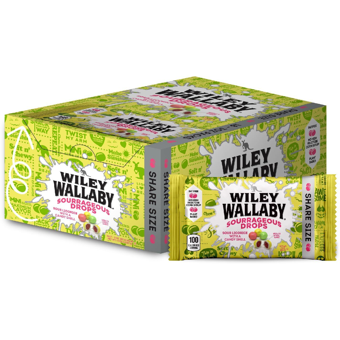 Wiley Wallaby Licorice Candy Bites 3.0 Ounce Gourmet Sourrageous Drops In Mini Candy Bags, 18 Pack