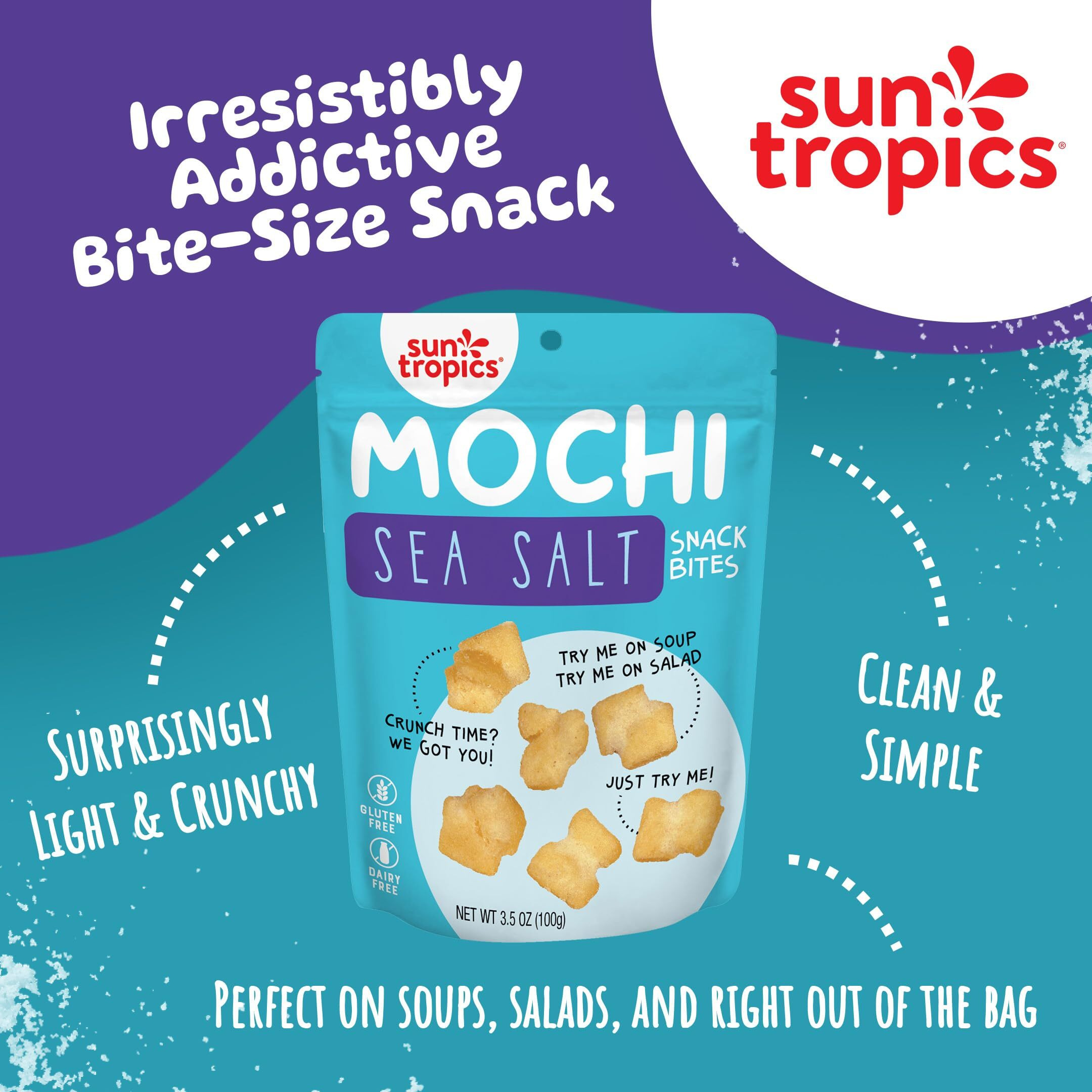 Sun Tropics Mochi Snack Bites, Sea Salt Flavor- 3.5 Oz (6 Pack) | Crispy Crunchy Mochi Bites, Rice Nuggets | Mochi Puff Rice Crackers- Gluten Free & Dairy Free- No Msg Added | Asian Rice Snacks