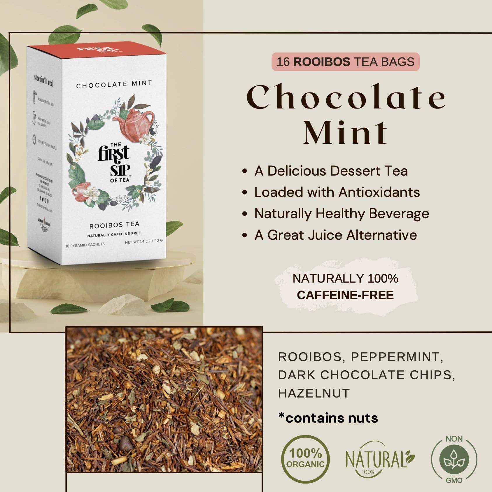 Chocolate Mint Rooibos, Tea Bags, Caffeine Free, Hot & Iced Tea, Antioxidants - 16 Cups | The Spice Hut, First Sip Of Tea