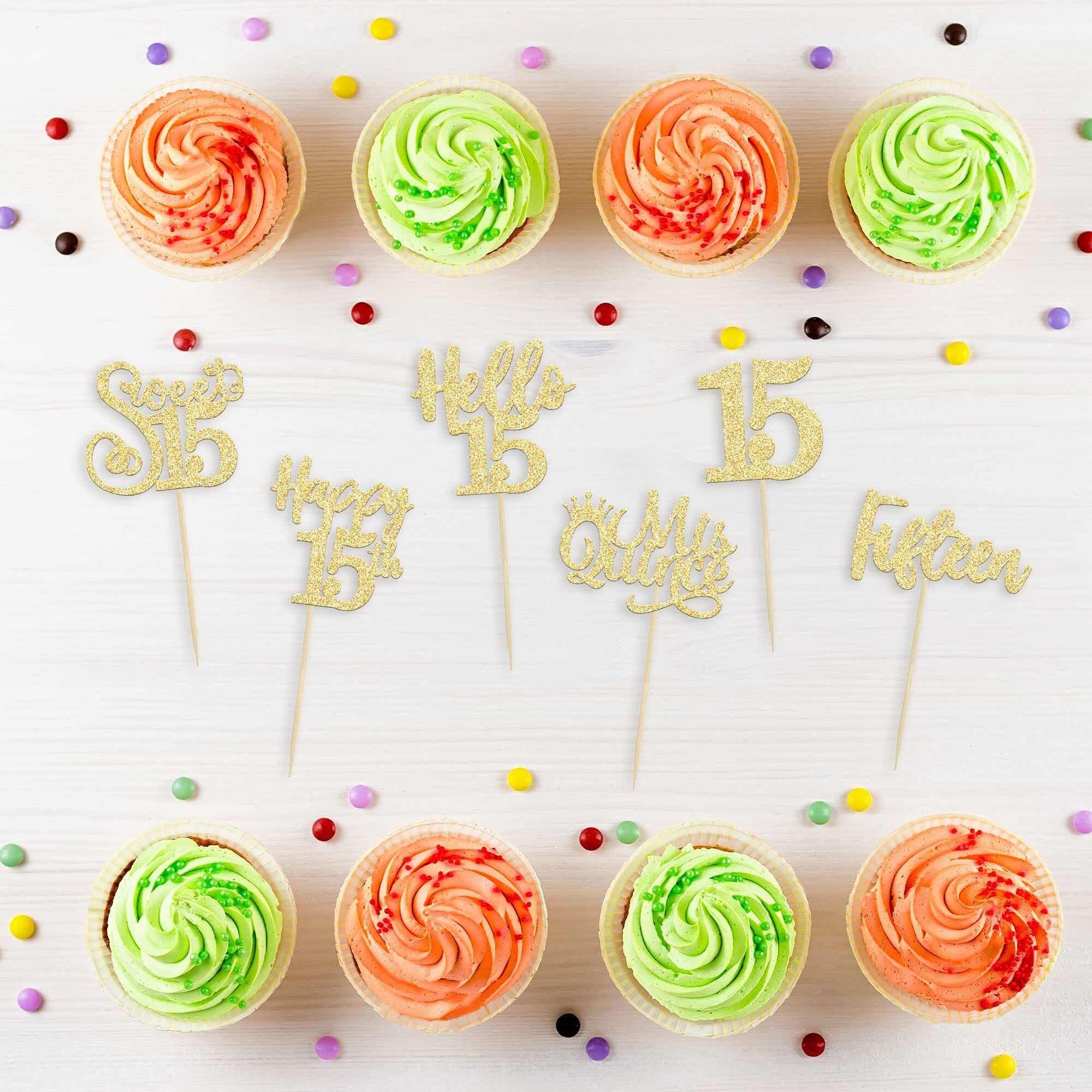 36Pcs 15Th Birthday Cupcake Toppers Sweet 15 Hello 15 Cake Toppers Fifteen Happy 15Th Cupcake Picks 15Th Birthday Cake Decorations Supplies Gold