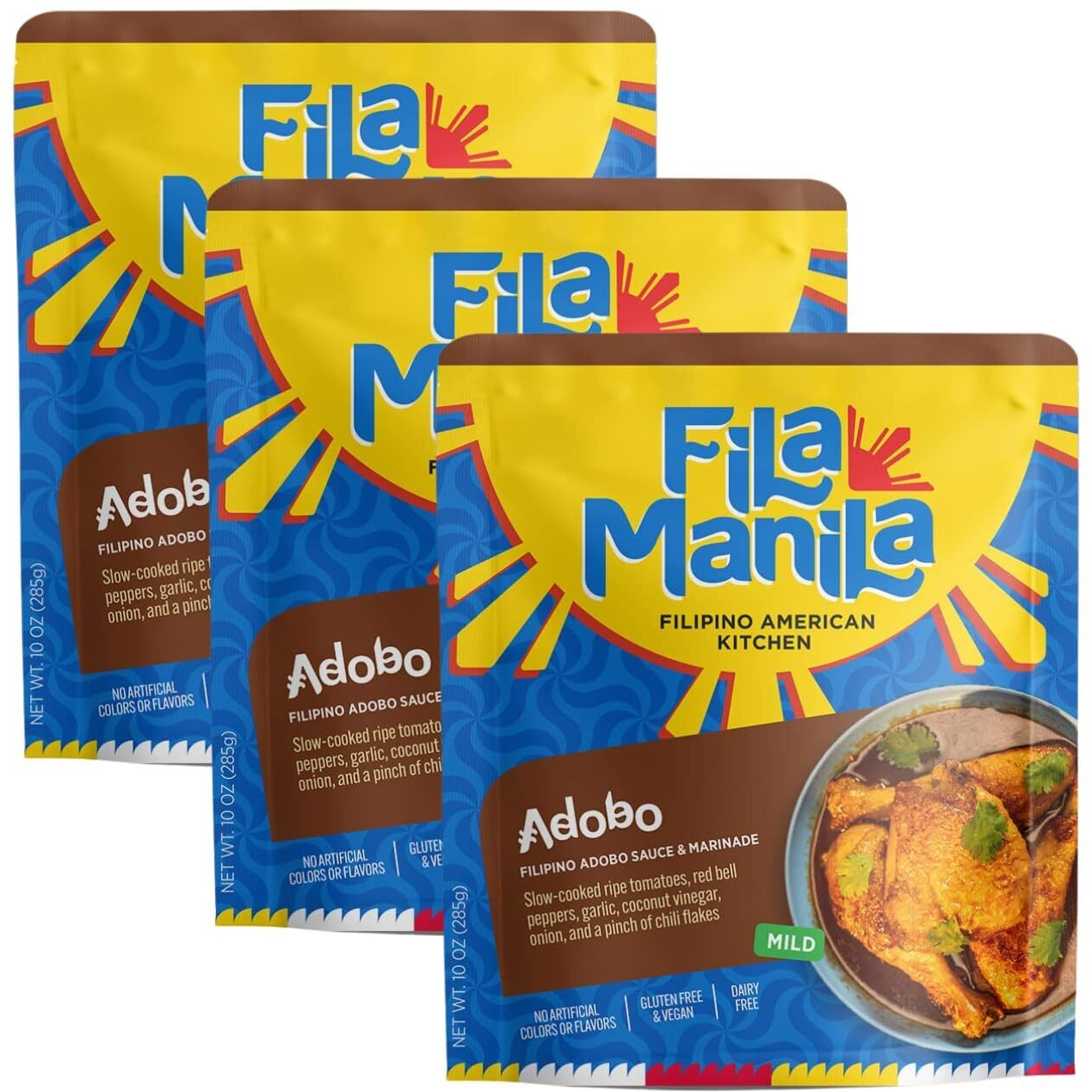 Fila Manila Delicious Filipino Soy Garlic Simmer Sauce Adobo, Wheat-Free Tamari Soy Sauce, Garlic, & Onion, Mild, Vegan, No Msg, No Sugar Added, Gluten Free, Dairy Free, (24 Ounce)