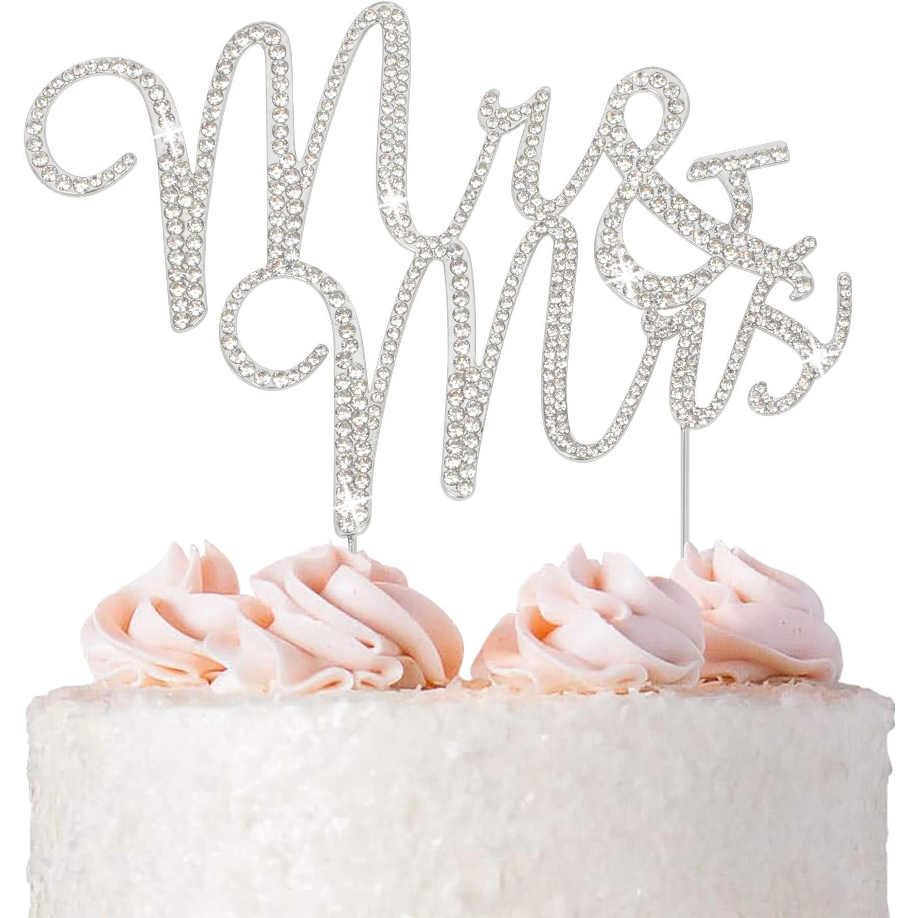 Mr And Mrs Wedding Cake Topper - Premium Silver Metal - Sparkly Wedding Bridal Shower Or Anniversary Cake Topper - Now Protected In A Box
