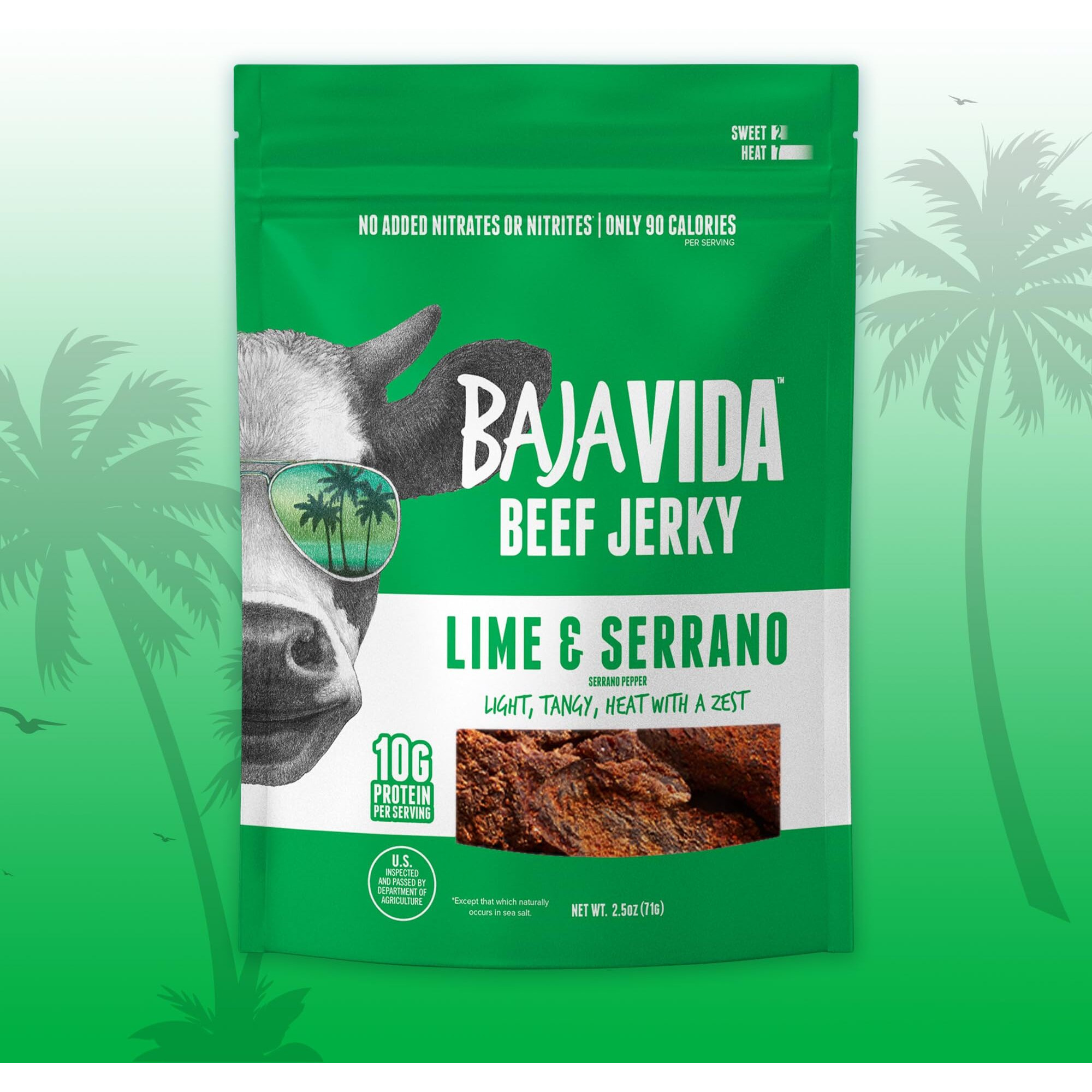 Baja Beef Vida Lime & Serrano Pepper Beef Jerky - Sweet And Spicy Beef Jerky Snack Packs, Healthy, Gluten-Free, All-Natural, No Msg, Made In The Usa - 2.5 Oz Bags (Pack Of 4)