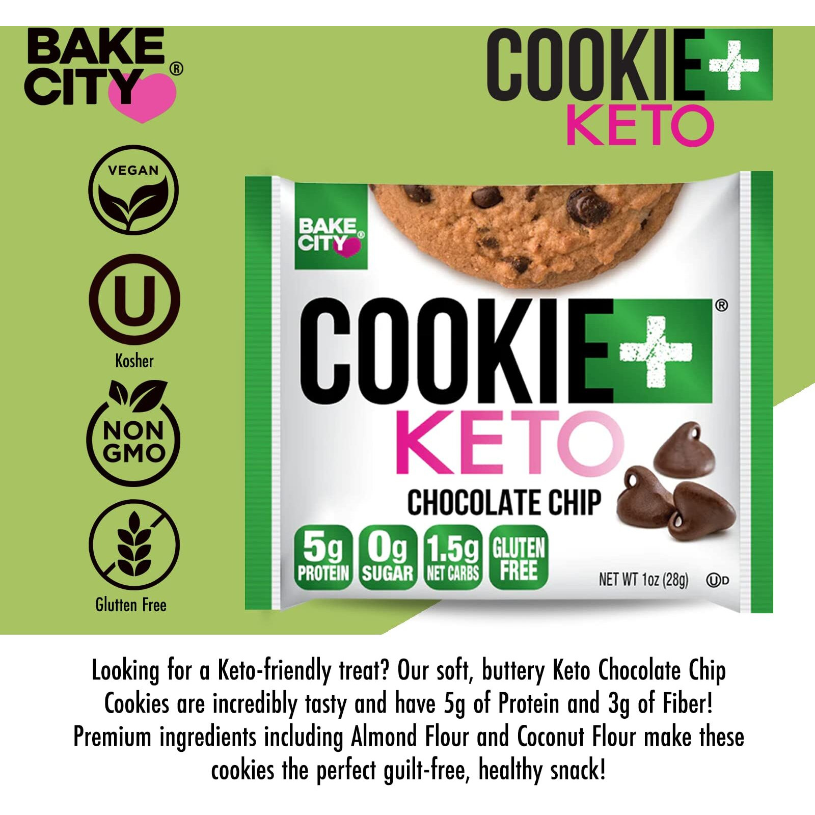 Bake City Cookie Plus Keto | 1Oz Chocolate Chip Cookies (12 Pack), Gluten Free, 0G Sugar, Only 1.5G Net Carbs, Good Fats, 5G Protein, Kosher, No Artificial Flavors