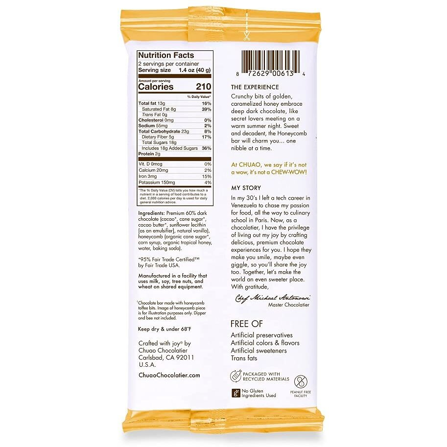 Chuao Chocolatier Honeycomb Dark Chocolate Bars | Gourmet Chocolate Honey Artisan European No Preservatives | For Gift Baskets, Christmas, Valentines Day, Gifts For Women, Men, Birthday, Thank You, Care Package | 3 Pack