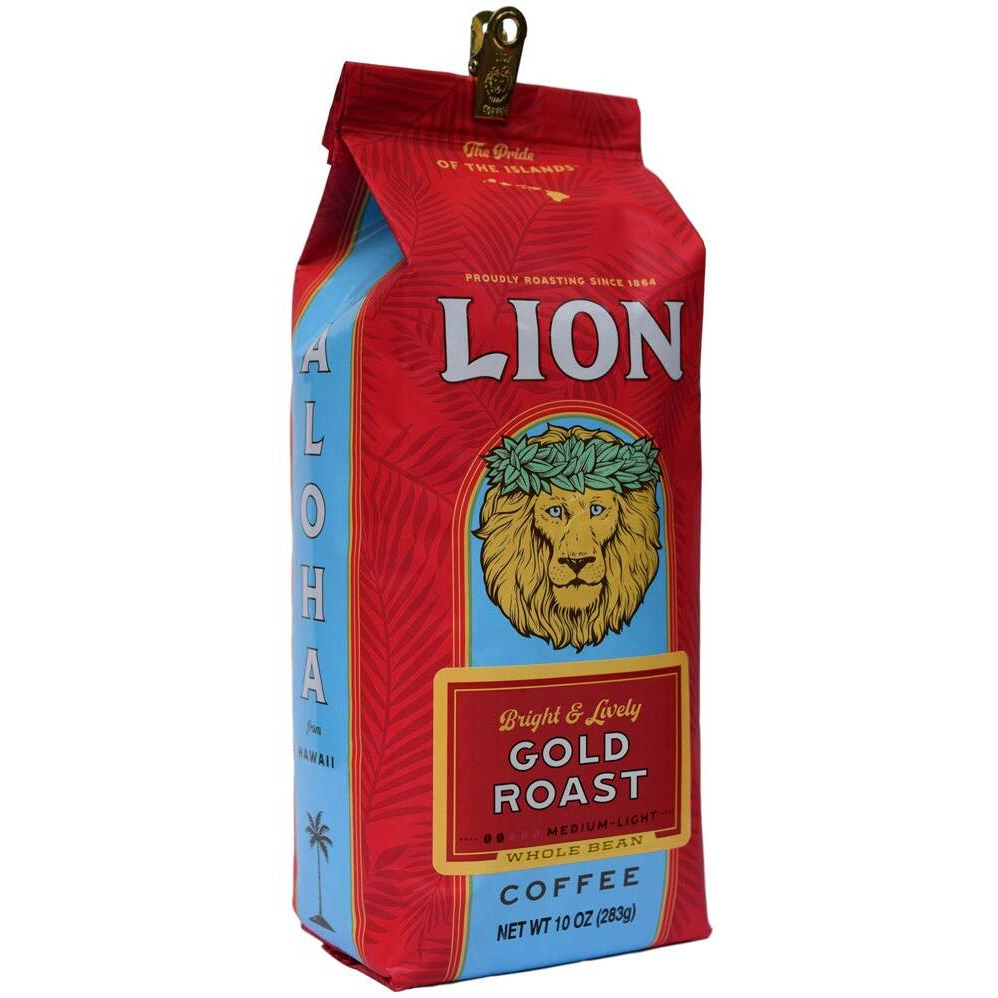 Lion Coffee Gold Roast Whole Bean Coffee, Medium-Light Roast, A Taste Of Aloha - 10 Ounce Bag