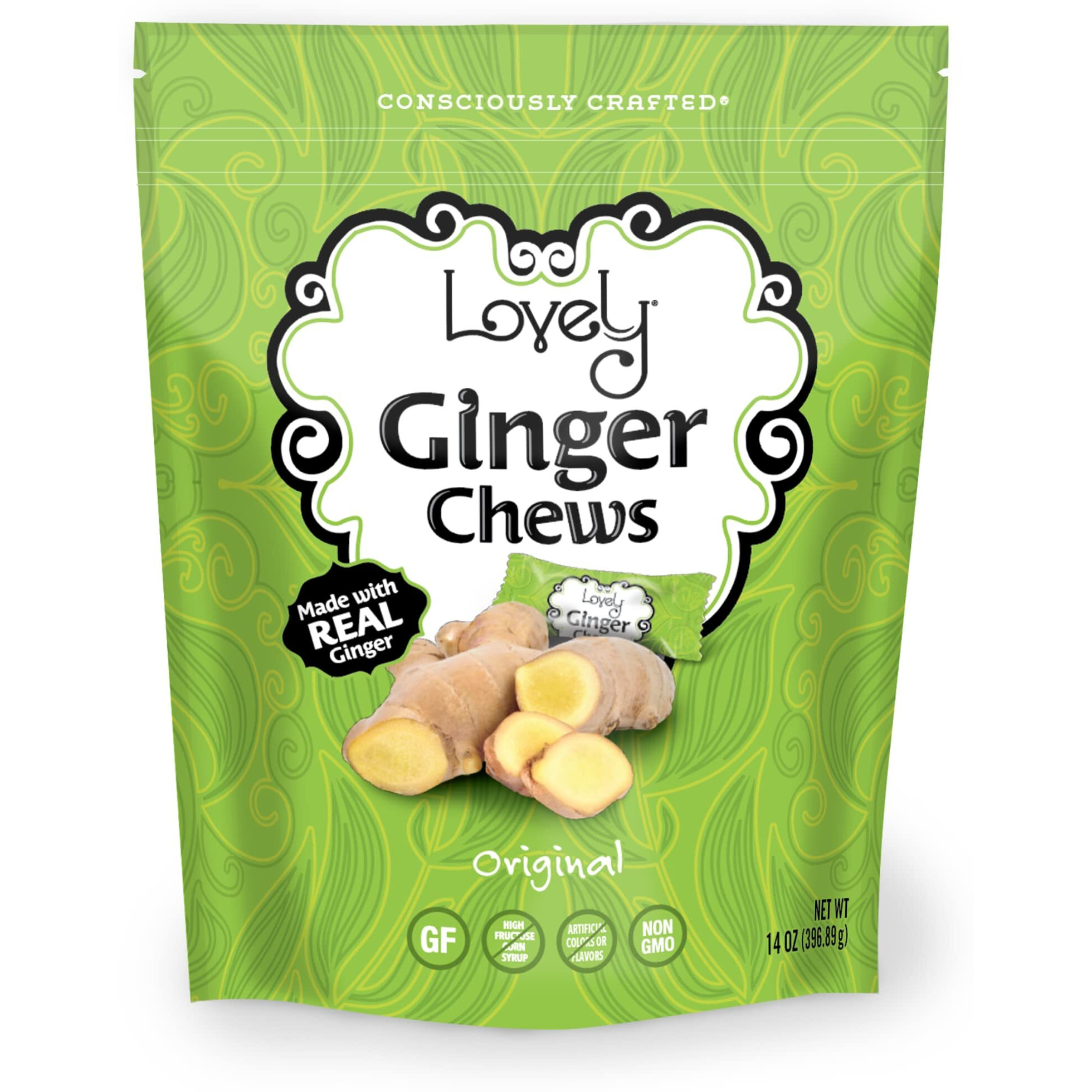 Lovely Candy Co. Original Ginger Chews, Made With Real Ginger, Individually Wrapped Ginger Candy, 14Oz (Pack Of 1) | Gluten-Free, Non-Gmo, No Artificial Ingredients, No High Fructose Corn Syrup | Simply Made With 3 Ingredients
