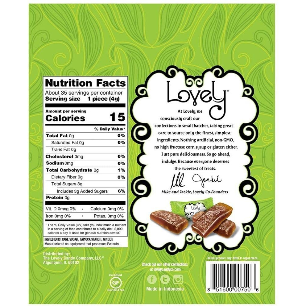 Lovely Candy Co. Original Ginger Chews, Made With Real Ginger, Individually Wrapped Ginger Candy, 14Oz (Pack Of 1) | Gluten-Free, Non-Gmo, No Artificial Ingredients, No High Fructose Corn Syrup | Simply Made With 3 Ingredients