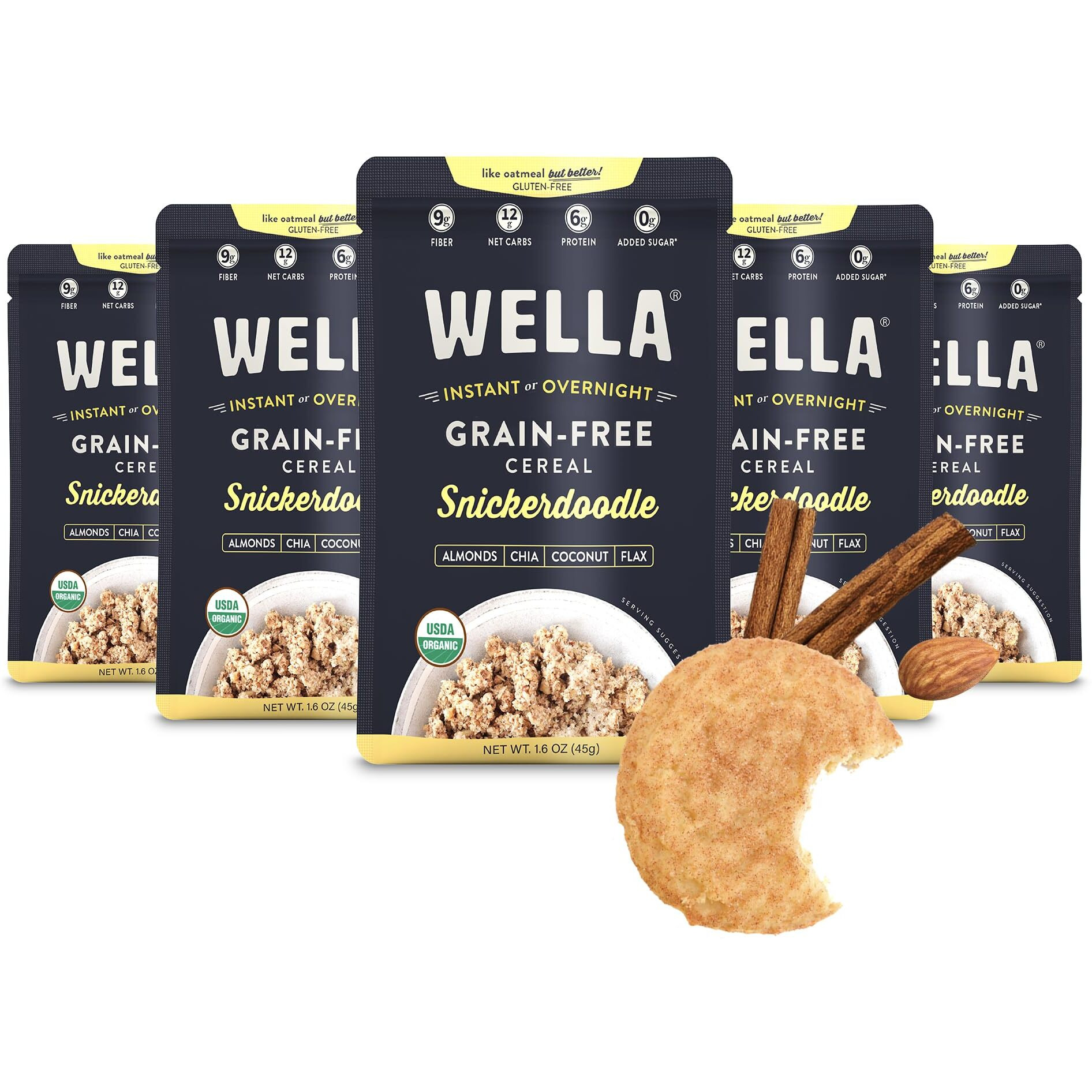 Wella Cereal Oatmeal Alternative, Gluten-Free Breakfast Hot Cereal, Grain-Free Paleo Organic Vegan High Protein Superfood, Plant-Based Non-Gmo, Low In Net Carbs, Single-Serve Packets, Snickerdoodle Flavor (5 Count, 1.6 Oz. Packets)