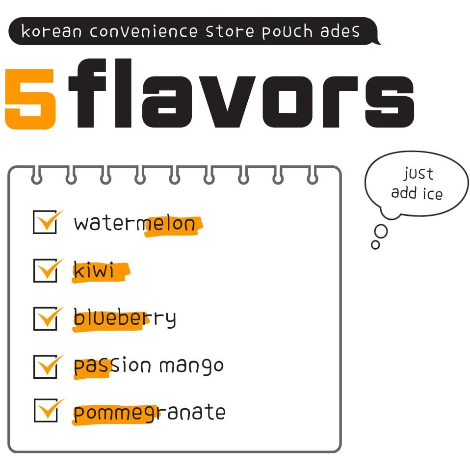 Korean Covenienve Store Drink Pouch Sampler Set - 5 Pack 10 Pack (Watermelon, Blueberry, Passion Mango, Kiwi, Pommegranate) + Dalgaru Yakgwa Mirror (Ade 5 Pack (Type B))