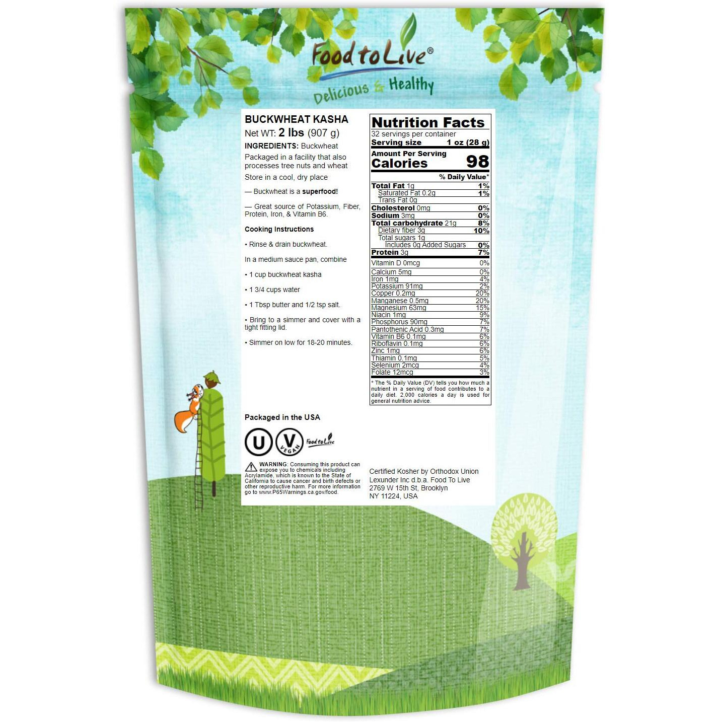 Food To Live Buckwheat Kasha, 2 Pounds - Grechka, Toasted Whole Groats, Made From Hulled Seeds, Kosher, Bulk. Rich In Dietary Fiber, Copper, Manganese, And Magnesium, Sirtfood