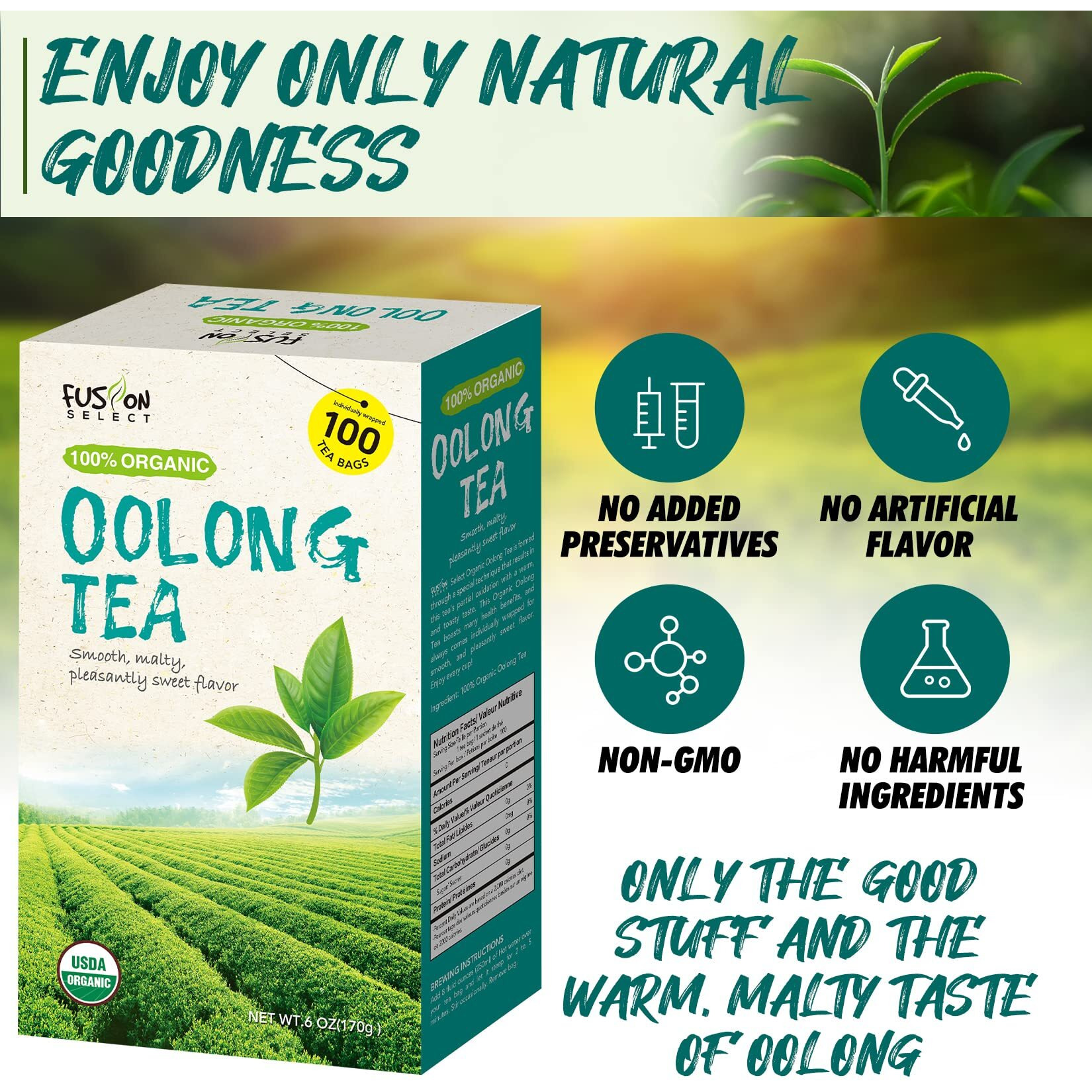 Fusion Select 200 Counts Organic Oolong Tea - Smooth, Mildly Sweet Flavor - Relaxing & Calming Fresh Herbal Drink - Instant Blend, Just Steep In Hot Water - Individually Packaged Tea Bags