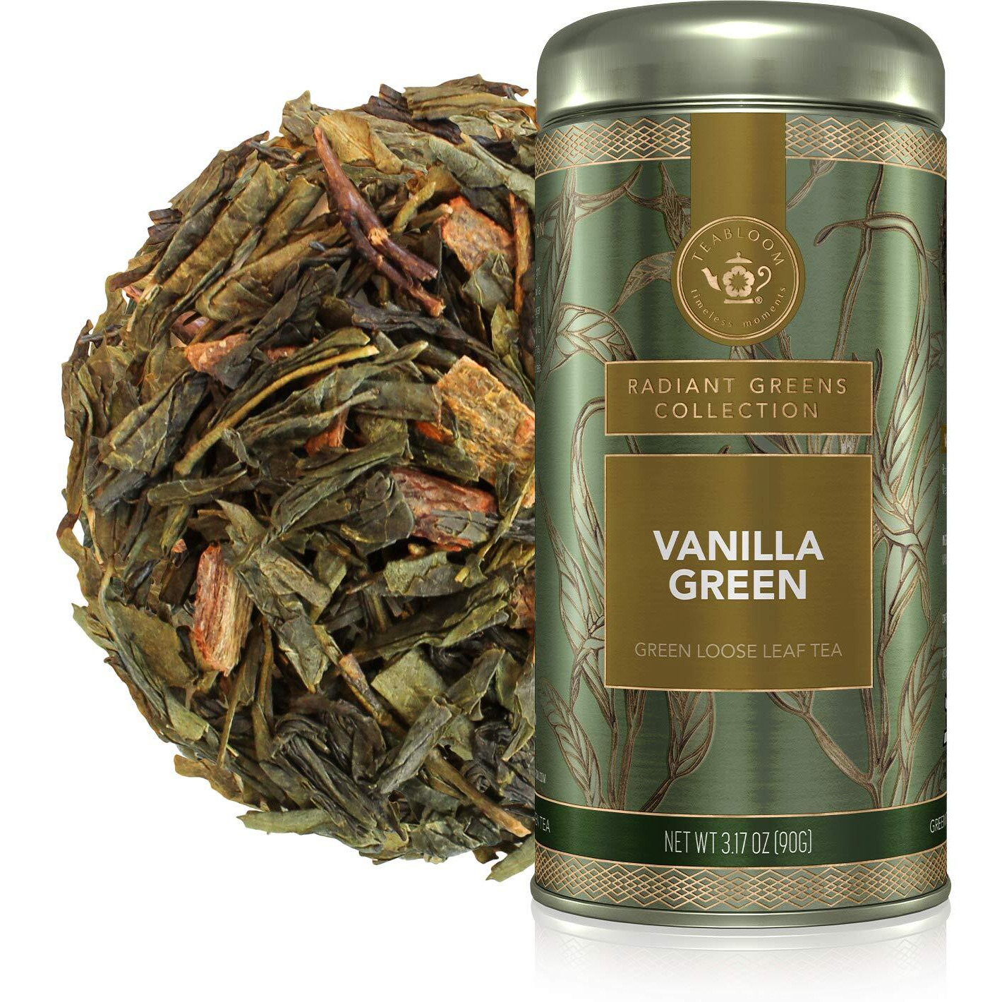 Teabloom Organic Green Tea, Vanilla Green Loose Leaf Tea, Natural Ingredients, Kosher Certified, Fresh Whole Leaf Blend In Reusable Gift Canister, 3.17 Oz/90 G Canister Makes 35-50 Cups