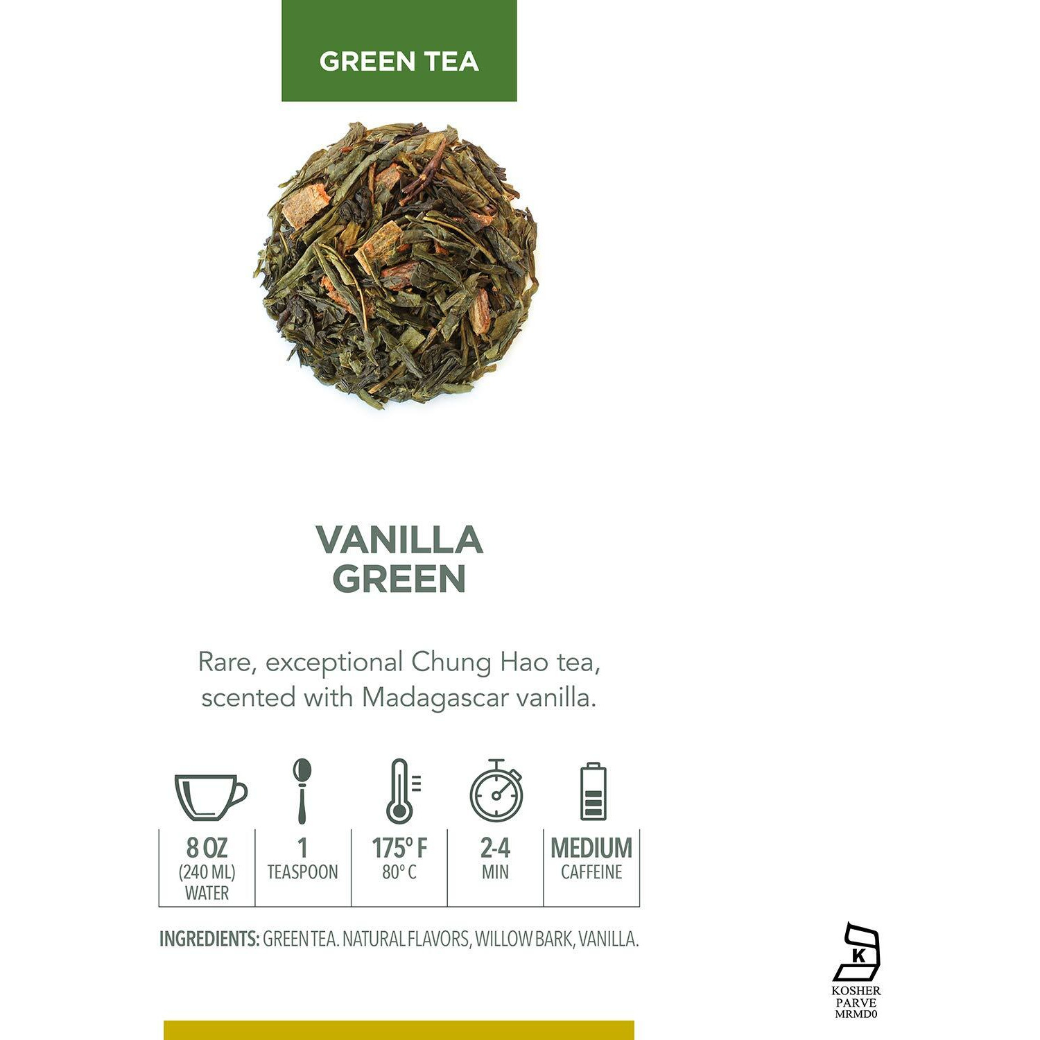 Teabloom Organic Green Tea, Vanilla Green Loose Leaf Tea, Natural Ingredients, Kosher Certified, Fresh Whole Leaf Blend In Reusable Gift Canister, 3.17 Oz/90 G Canister Makes 35-50 Cups