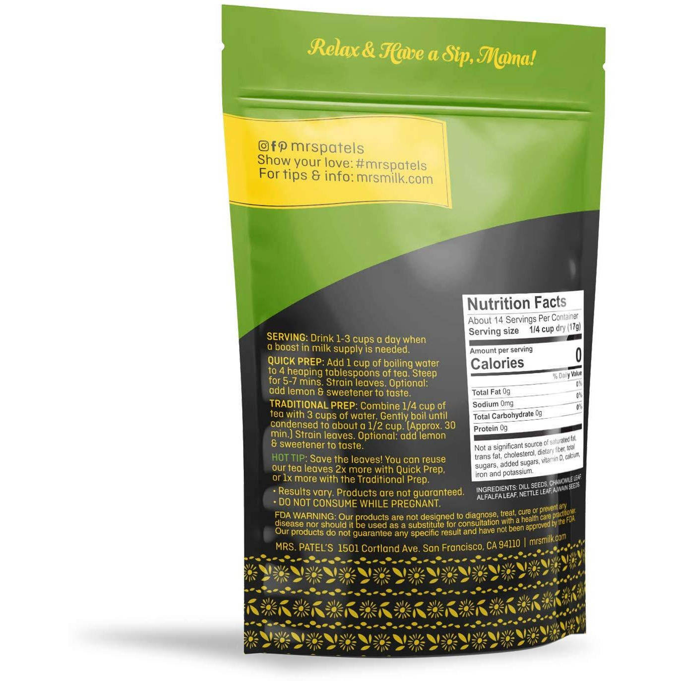 Mrs. Patel's Lactation Tea, Herbal Blend, Mild & Soothing, For Breastfeeding And Pumping Moms, Drink Iced Or Hot, Loose Leaf, Caffeine Free, Gluten Free, Dairy Free, Fenugreek Free (1 Pouch)