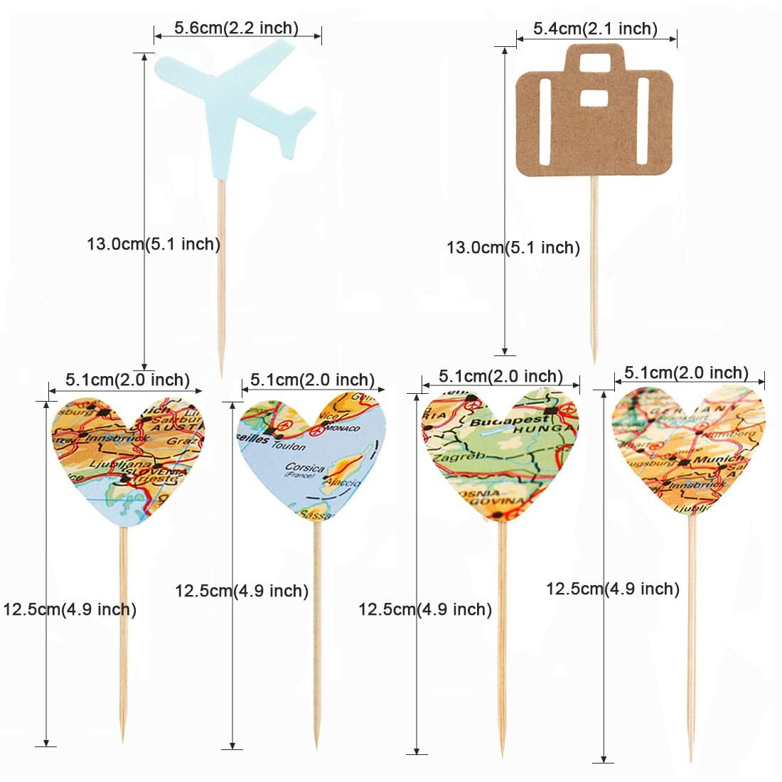 Morndew 24 Pcs Travel Cupcake Toppers Blue Airplane Map Heart Traveling Case Cake Topper Picks For World Awaits Travel Themed Baby Shower Birthday Party Wedding Party Decorations
