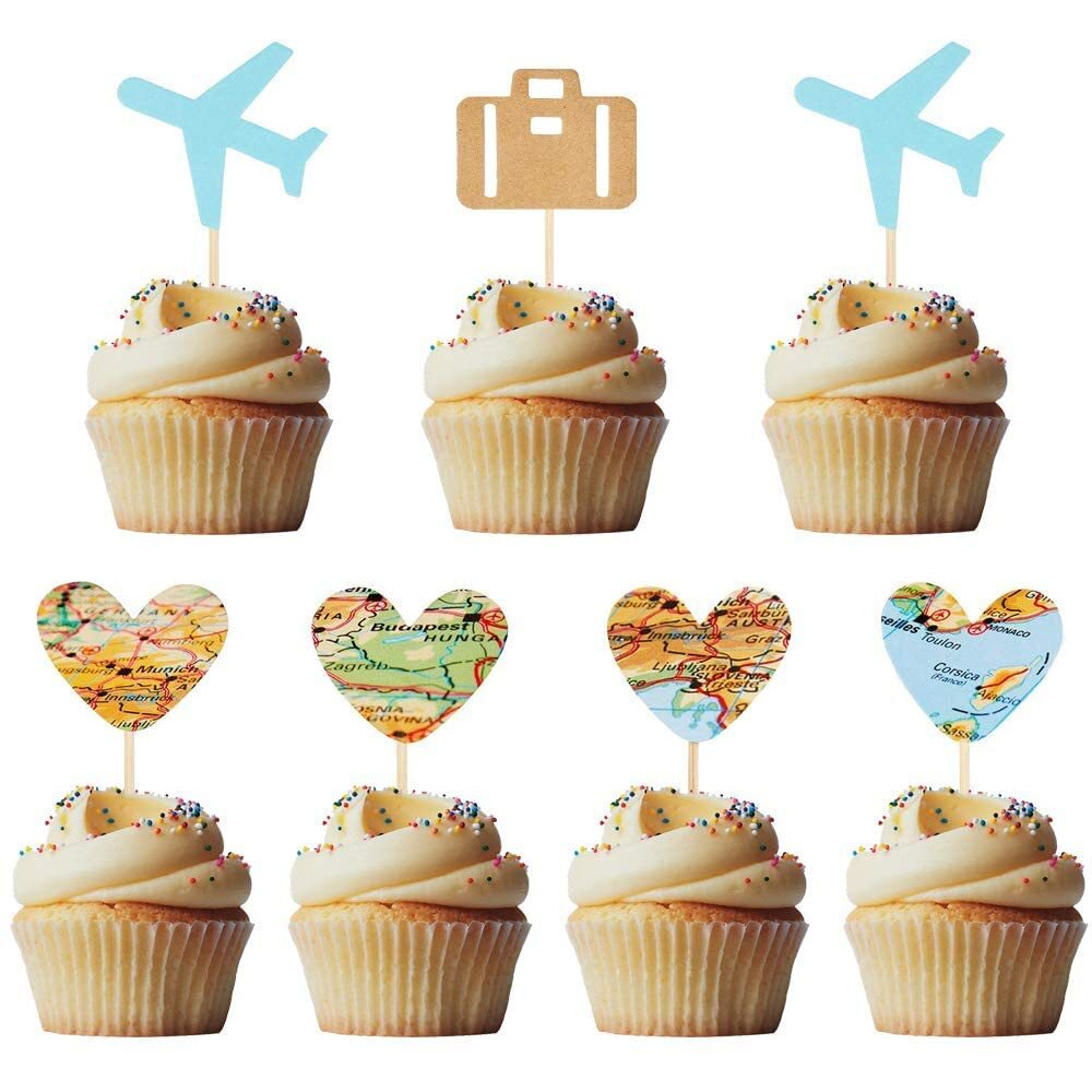 Morndew 24 Pcs Travel Cupcake Toppers Blue Airplane Map Heart Traveling Case Cake Topper Picks For World Awaits Travel Themed Baby Shower Birthday Party Wedding Party Decorations