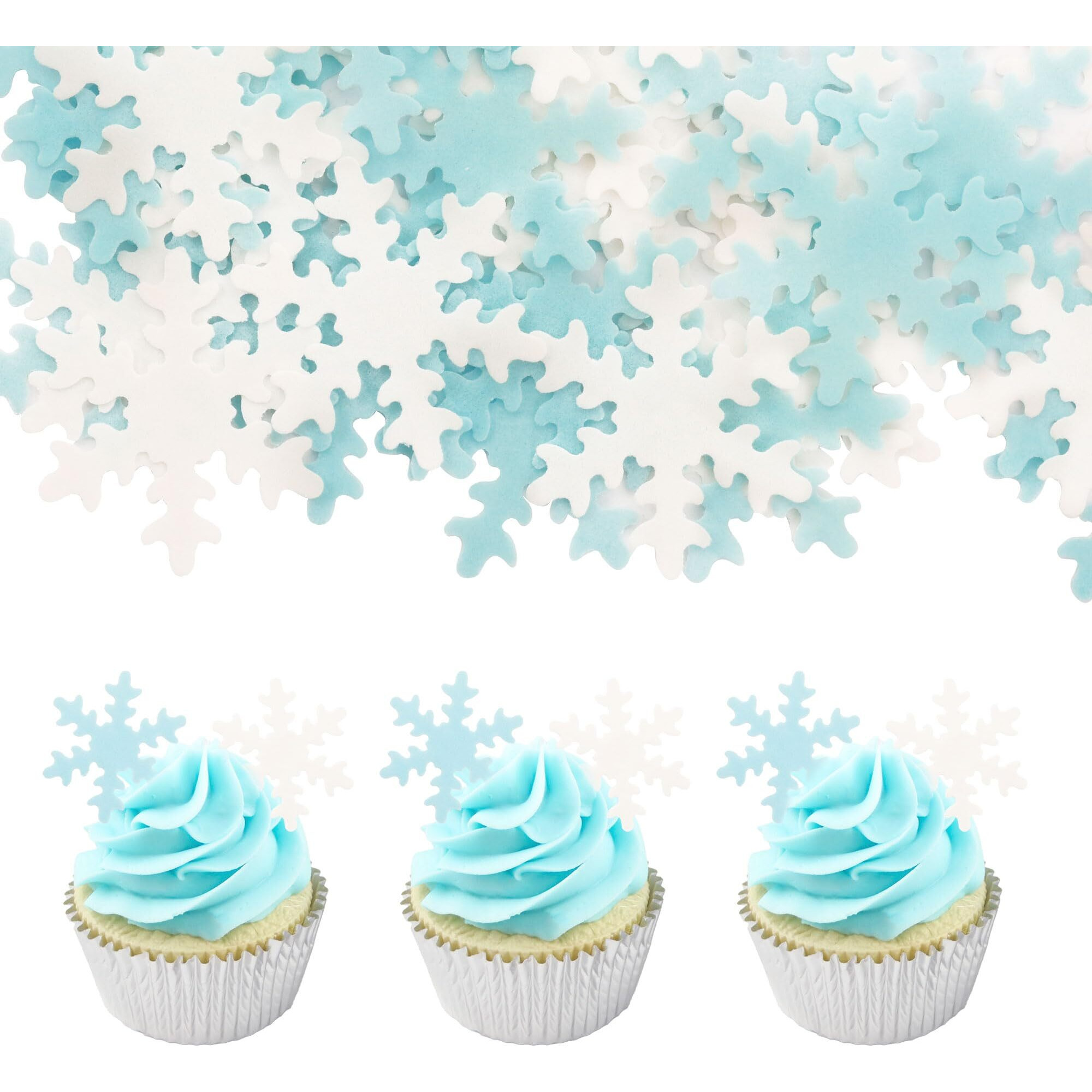 50Pcs White And Blue Edible Snowflake Cupcake Toppers Snowflakes Cake Topper Decorations For Christmas Winter Holiday Frozen Theme Babyshower Birthday Wedding Party Supplies