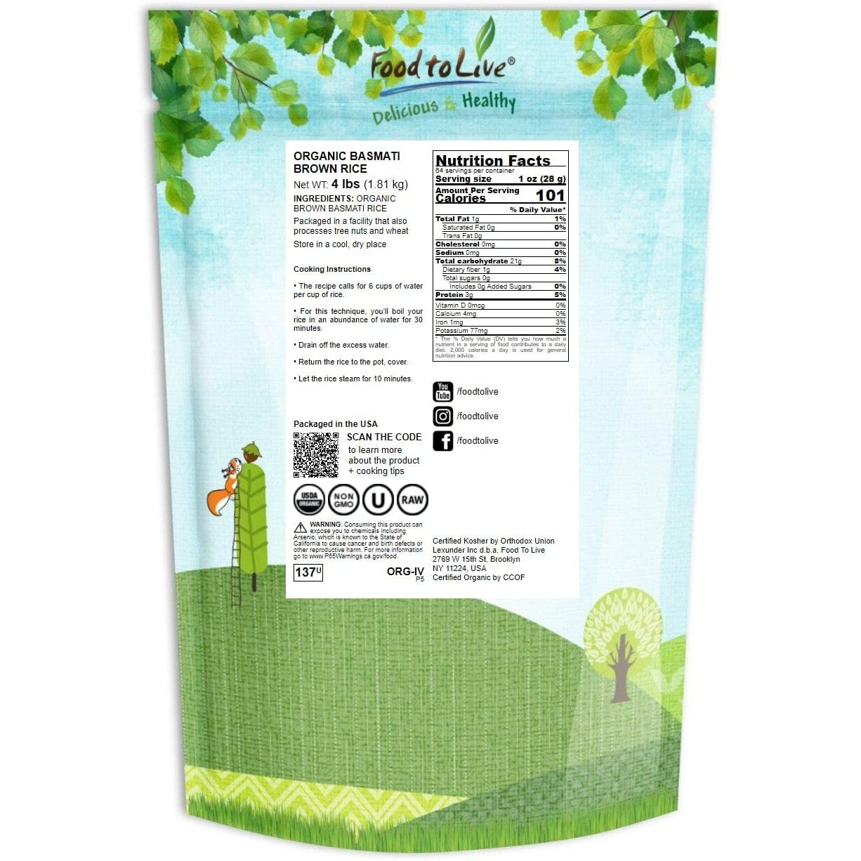 Food To Live - Organic Brown Basmati Rice, 4 Pounds Non-Gmo, Whole Grain, Long-Grain Rice Variety, Fragrant, Kosher, Vegan, Bulk. Less Starch Content. High In Dietary Fiber.