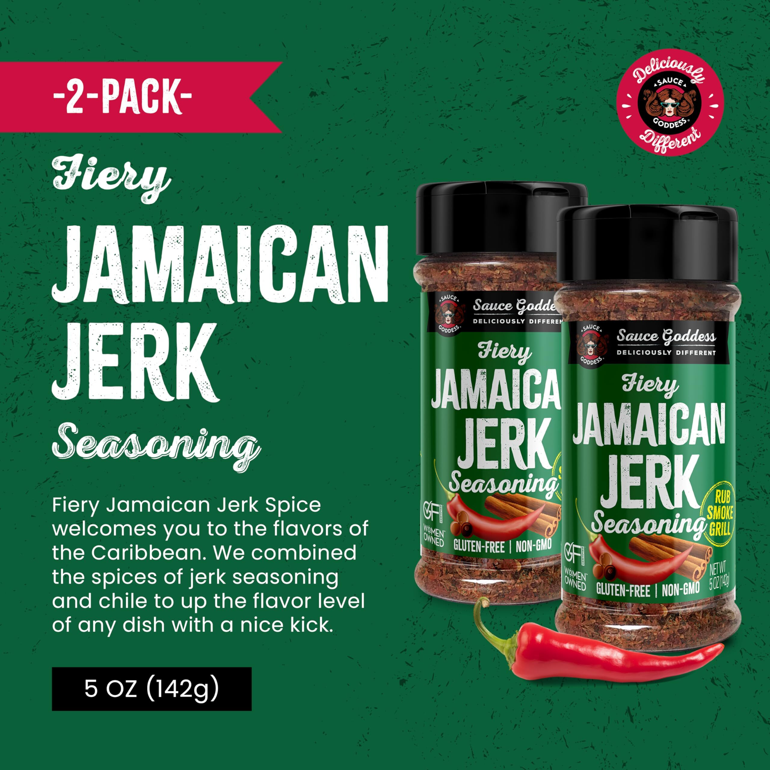 Sauce Goddess Fiery Jamaican Jerk Spice Shaker (2-Pack) - Seasonings And Spices For Cooking With Caribbean Flavors For Chicken, Pork, Seafood & More - Low Sugar, Low Sodium, Fat-Free, Vegan Friendly