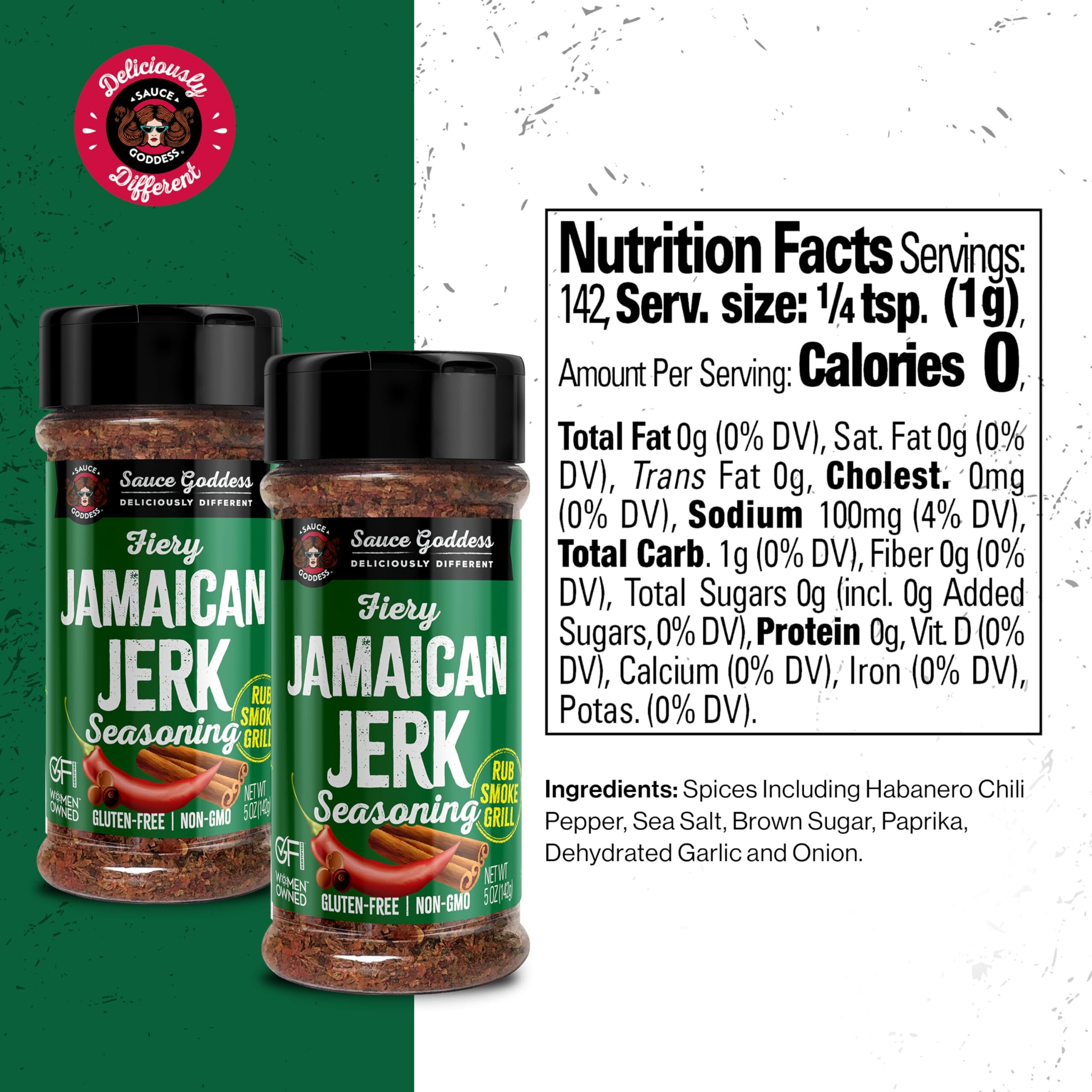 Sauce Goddess Fiery Jamaican Jerk Spice Shaker (2-Pack) - Seasonings And Spices For Cooking With Caribbean Flavors For Chicken, Pork, Seafood & More - Low Sugar, Low Sodium, Fat-Free, Vegan Friendly
