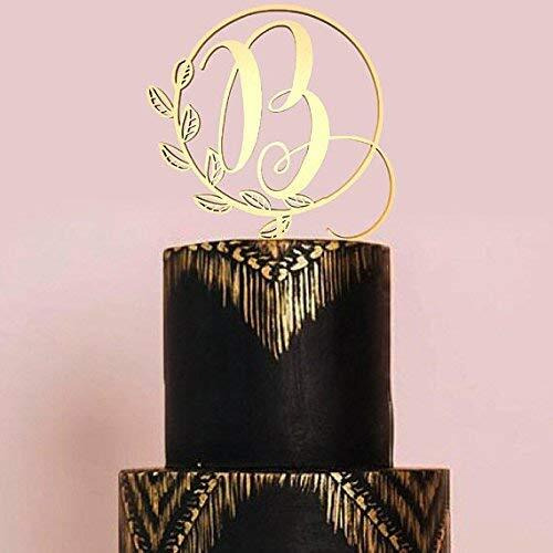 Kiskistonite Initials B Cake Topper, Monogram Cake Topper B, Rustic Wedding Cake Topper, Wreath Letter B Cake Topper, Mirror Gold Wedding Cake Decoration