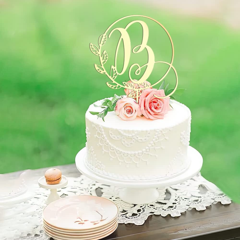 Kiskistonite Initials B Cake Topper, Monogram Cake Topper B, Rustic Wedding Cake Topper, Wreath Letter B Cake Topper, Mirror Gold Wedding Cake Decoration
