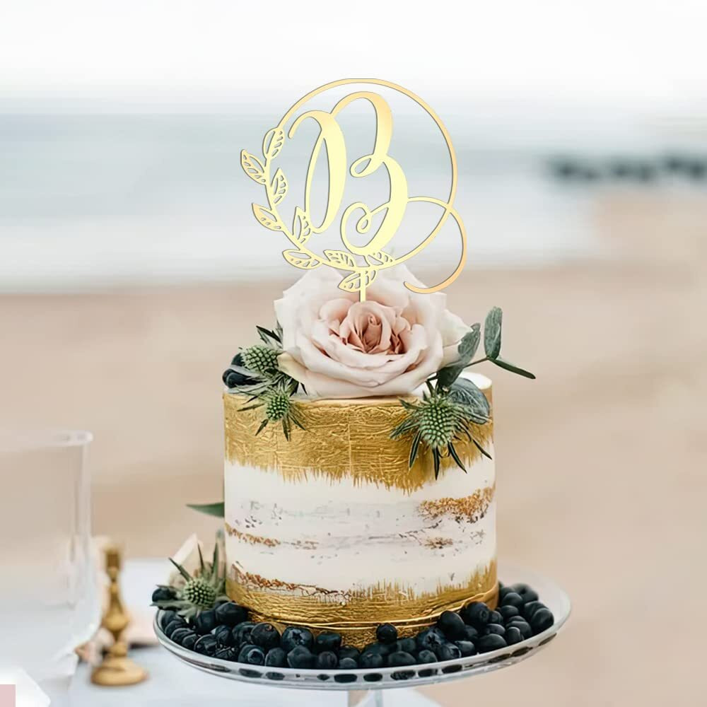 Kiskistonite Initials B Cake Topper, Monogram Cake Topper B, Rustic Wedding Cake Topper, Wreath Letter B Cake Topper, Mirror Gold Wedding Cake Decoration