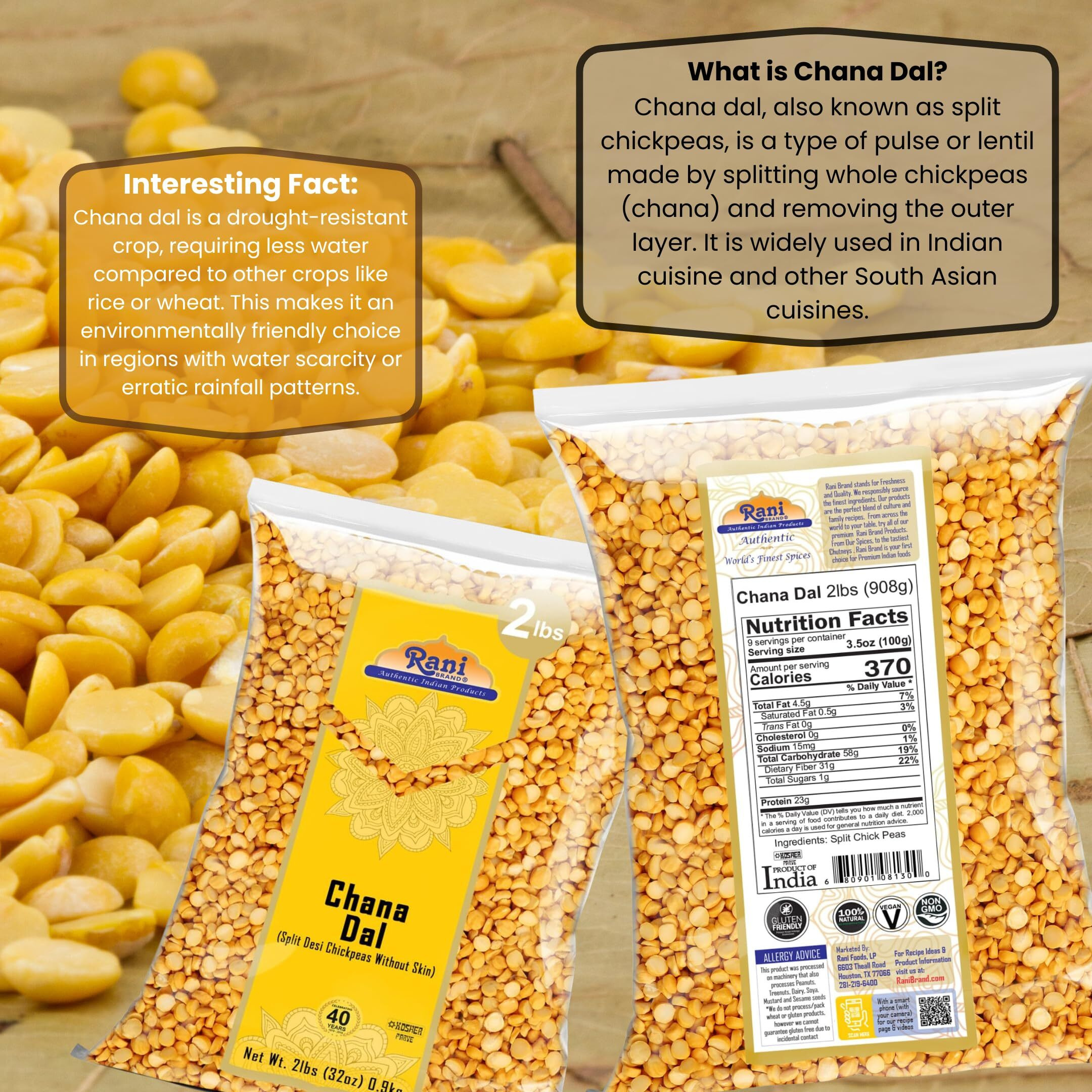 Rani Chana Dal (Split Desi Chickpeas Without Skin) 32Oz (2Lbs) 908G ~ All Natural | Gluten Friendly | Non-Gmo | Kosher | Vegan | Indian Origin