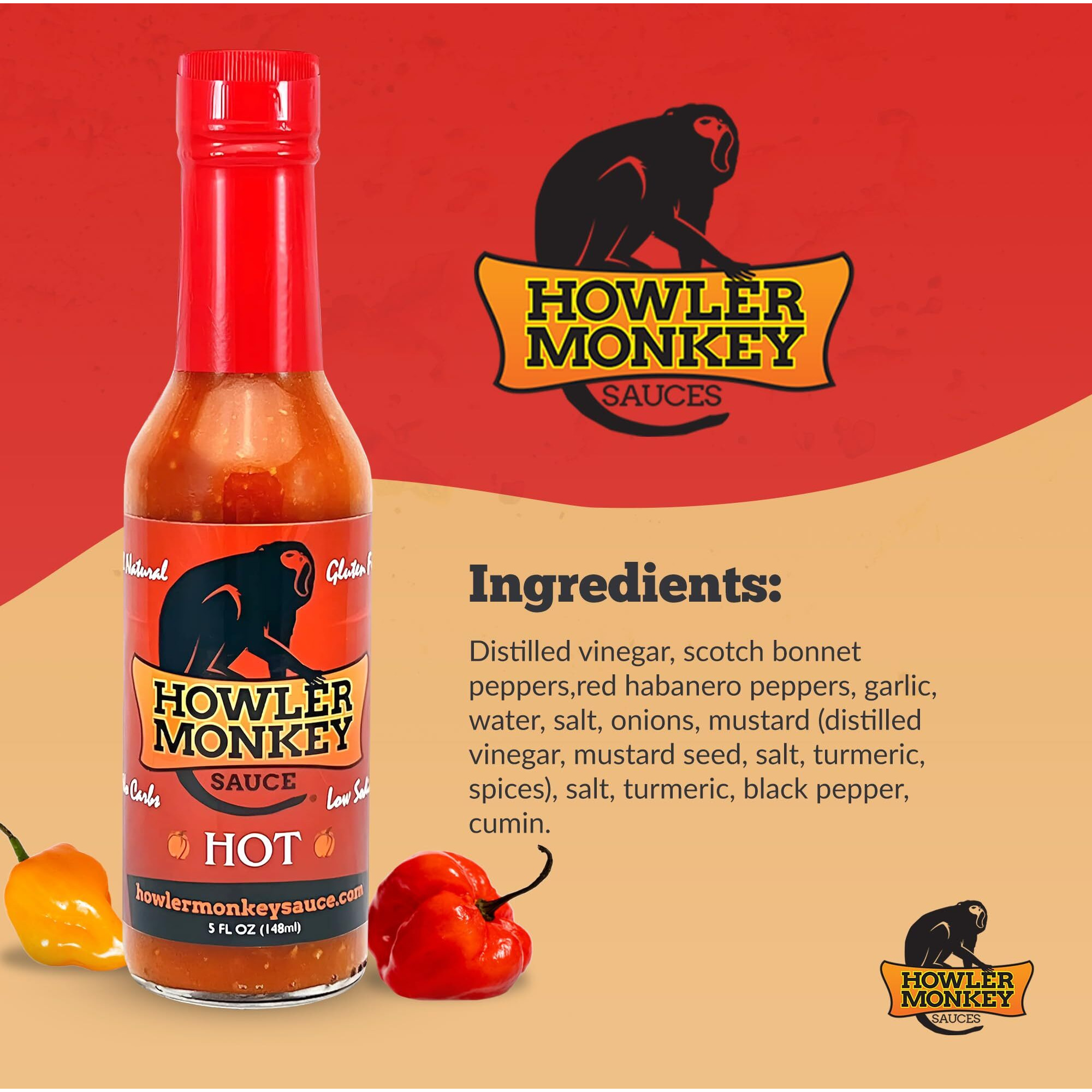 Howler Monkey Sauce Hot - Panamanian Style Hot Sauce With Aji Chombo Pepper - Gluten Free, No Carbs, Low Sodium - Caribbean Flavor -1 Pack 5Oz Bottles