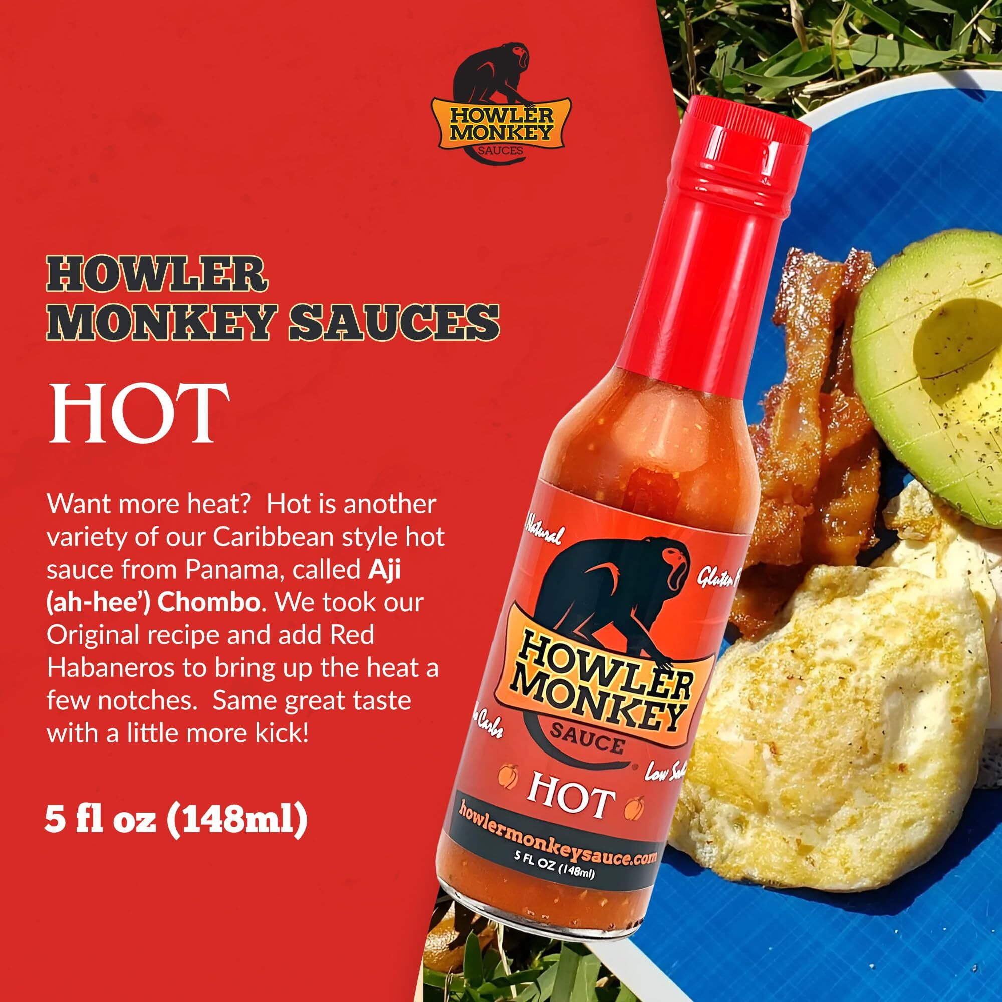 Howler Monkey Sauce Hot - Panamanian Style Hot Sauce With Aji Chombo Pepper - Gluten Free, No Carbs, Low Sodium - Caribbean Flavor -1 Pack 5Oz Bottles