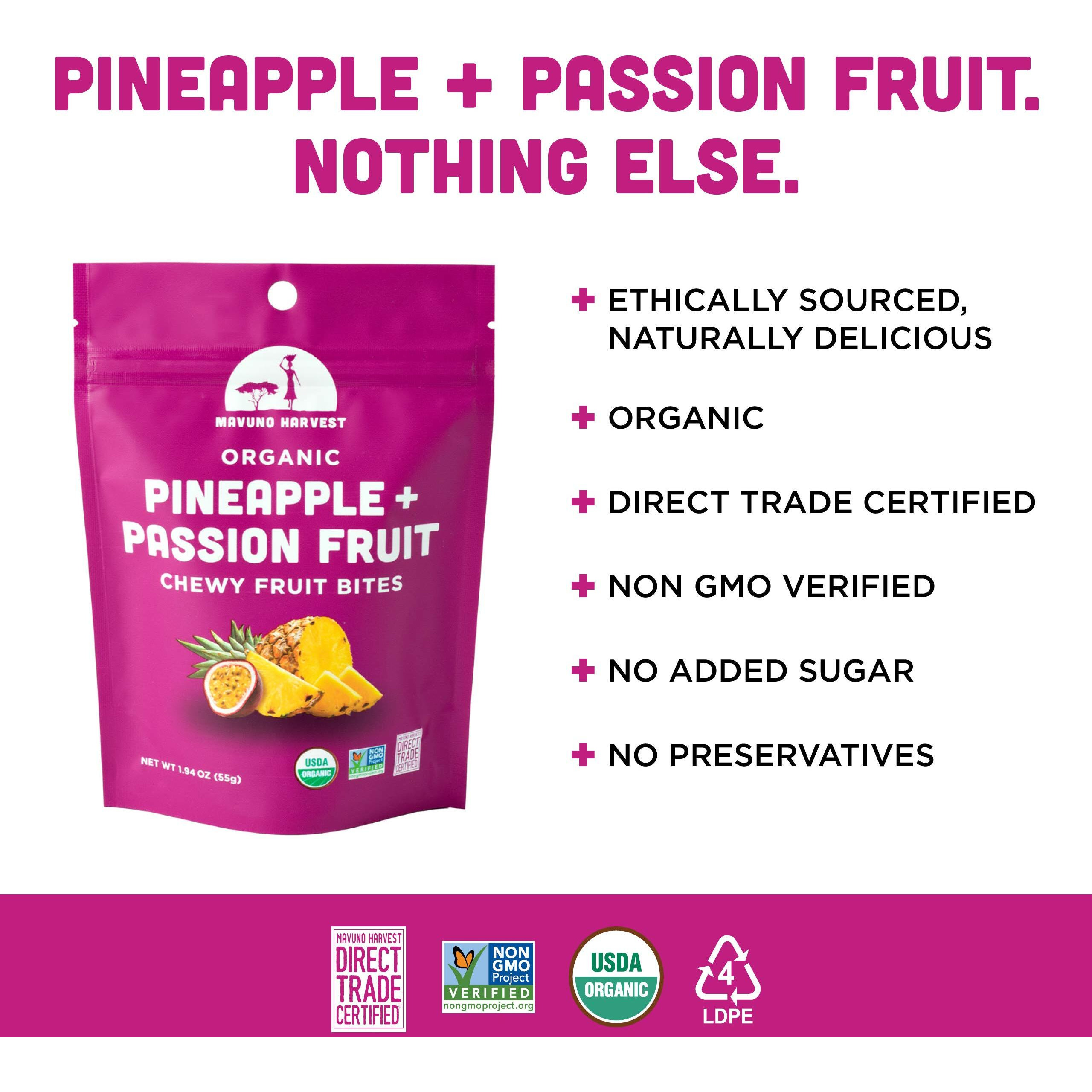 Mavuno Harvest Organic Fruit Snacks - Chewy Fruit Bites - Healthy Food For Kids & Adults - Ethically Sourced, Non-Gmo, No Preservatives - Pineapple & Passionfruit - 1.94-Oz. Snack Packs, Pack Of 3