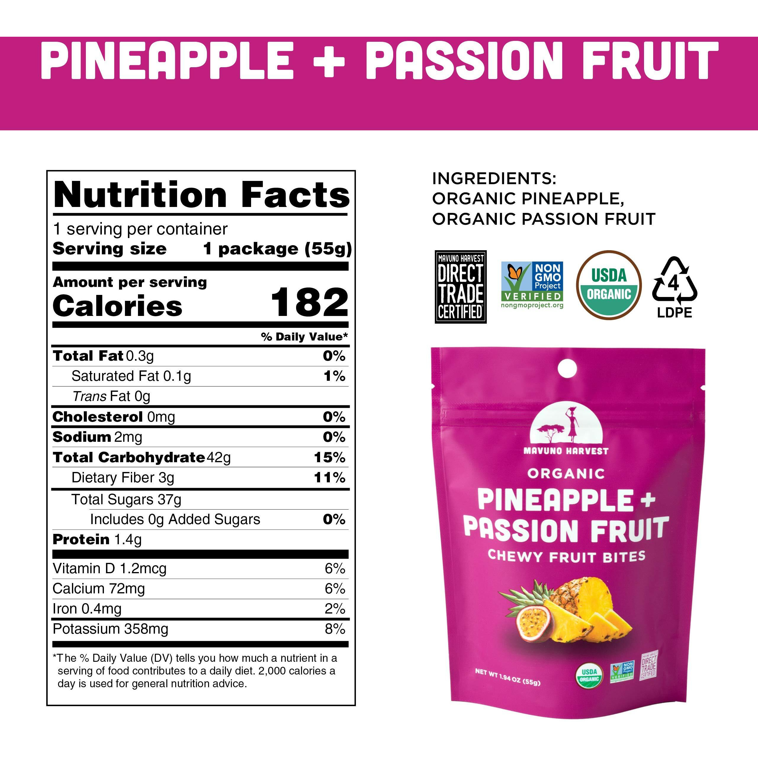 Mavuno Harvest Organic Fruit Snacks - Chewy Fruit Bites - Healthy Food For Kids & Adults - Ethically Sourced, Non-Gmo, No Preservatives - Pineapple & Passionfruit - 1.94-Oz. Snack Packs, Pack Of 3