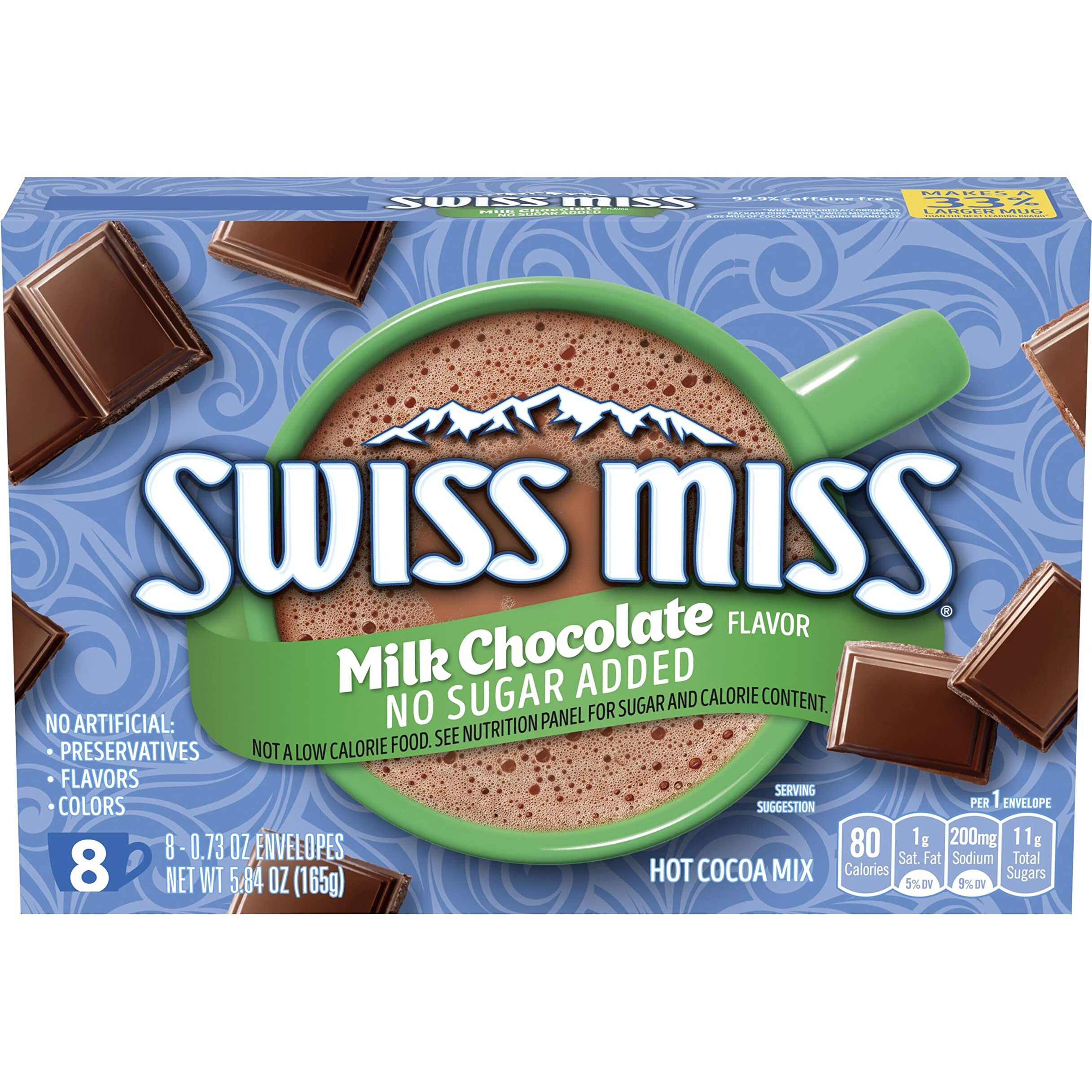 Swiss Miss Milk Chocolate Flavor No Sugar Added Hot Cocoa Mix, 0.73 Oz. 8-Count (Pack Of 12)