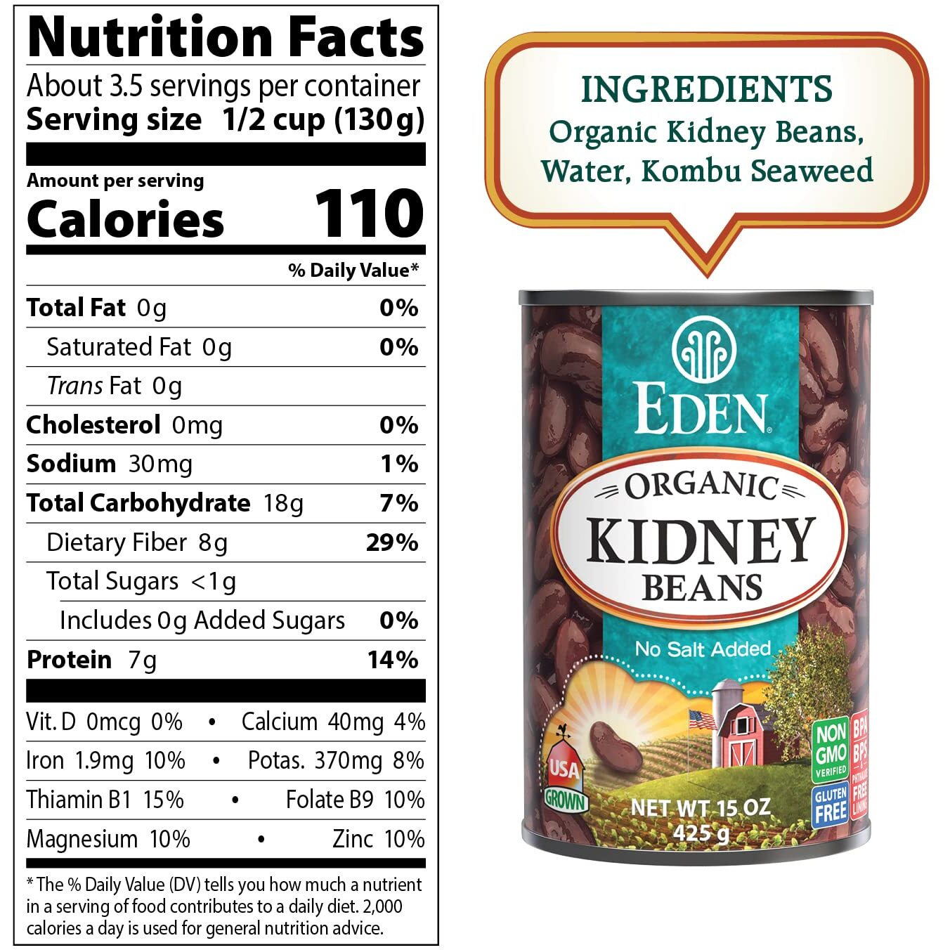 Eden Organic Red Kidney Beans, 15 Oz Can, No Salt Added, Non-Gmo, U.S. Grown, Heat And Serve, Macrobiotic, Red Beans (12-Pack)
