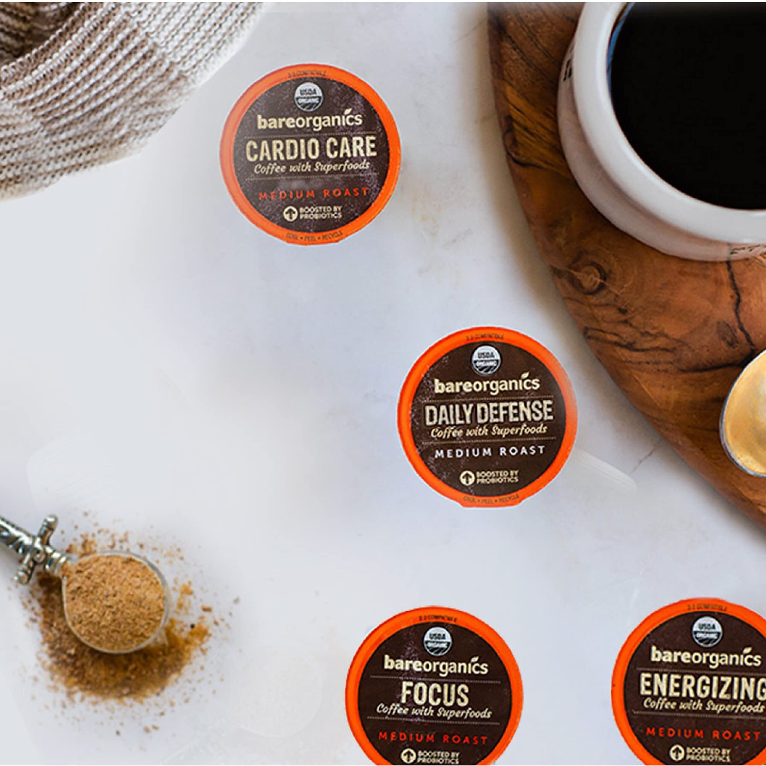 Bareorganics 13313 Cardio Care Usda Organic Coffee Pods, Keurig K-Cup Compatible Organic Coffee Pods, Infused With Superfoods & Probiotics, Vegan Friendly, Gluten Free, 10 Single Serve Cups