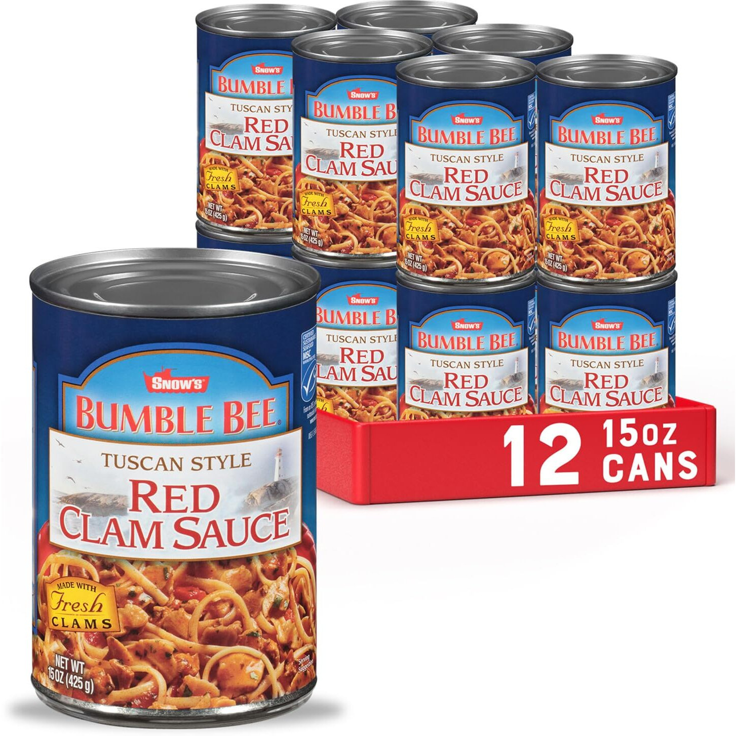 Bumble Bee Snow's Tuscan Style Red Clam Sauce, 15 Oz (Case Of 12) - Authentic Italian Clam Sauce - Made With Fresh Clams, Garlic & Spices - Serve With Your Favorite Pasta Or Add To Seafood Recipes