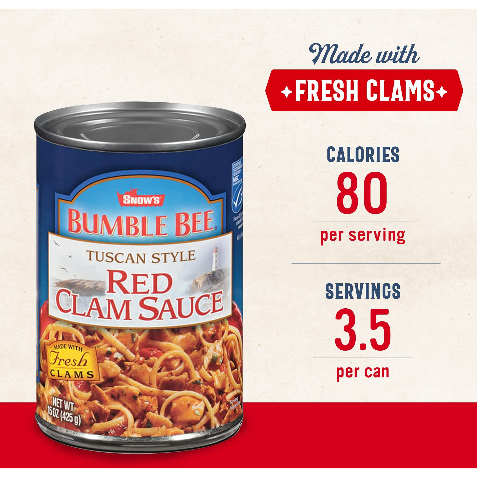 Bumble Bee Snow's Tuscan Style Red Clam Sauce, 15 Oz (Case Of 12) - Authentic Italian Clam Sauce - Made With Fresh Clams, Garlic & Spices - Serve With Your Favorite Pasta Or Add To Seafood Recipes