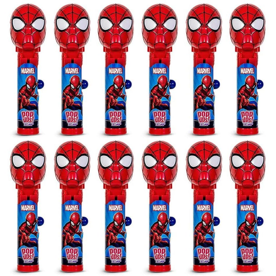 Pop Ups Spiderman Lollipop Holder - 12 Lollipops With Cases - Individually Wrapped Candy Party Favors - Spiderman Candy - Bulk Set Of 12