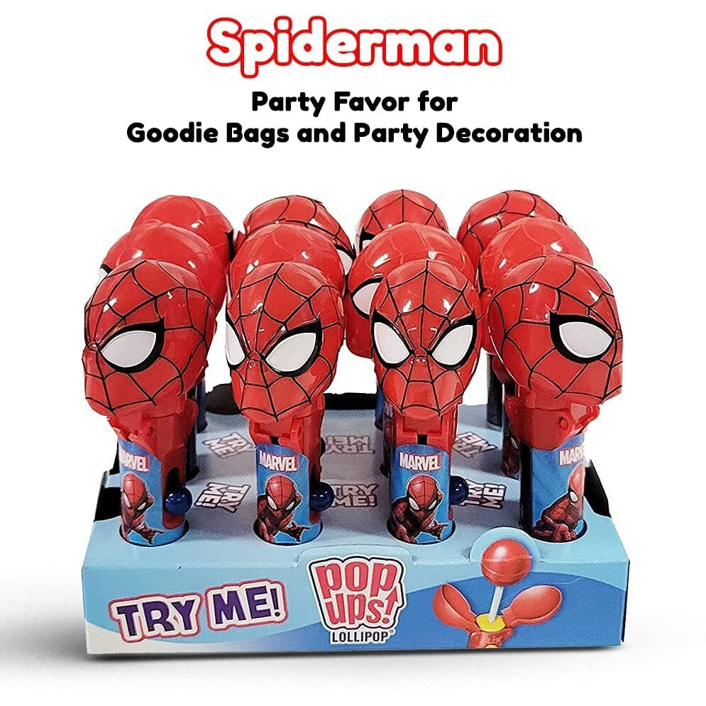Pop Ups Spiderman Lollipop Holder - 12 Lollipops With Cases - Individually Wrapped Candy Party Favors - Spiderman Candy - Bulk Set Of 12