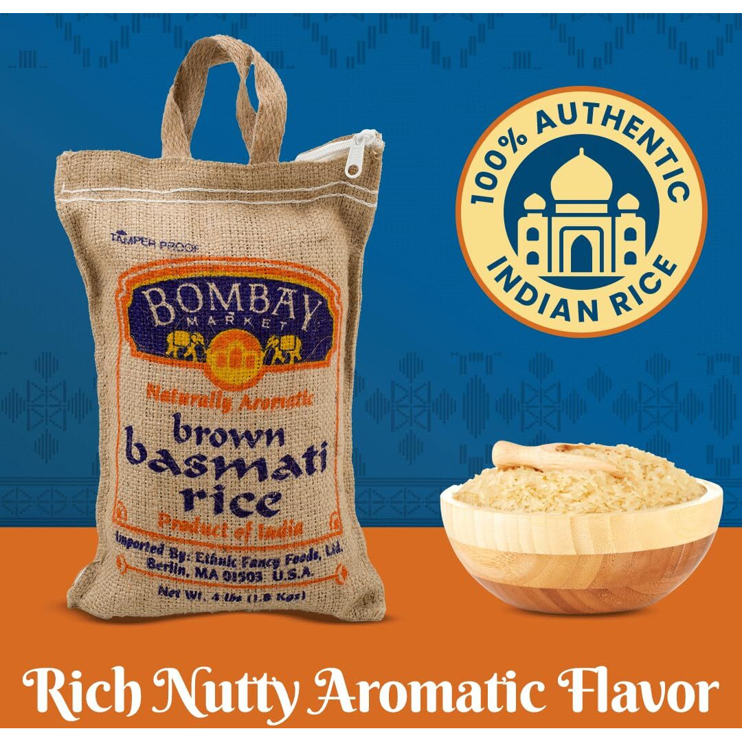 Bombay Market Brown Basmati Rice - Aromatic & Nutty Flavor Basmati Rice - Long Grain Rice Basmati (4 Pound Bag)