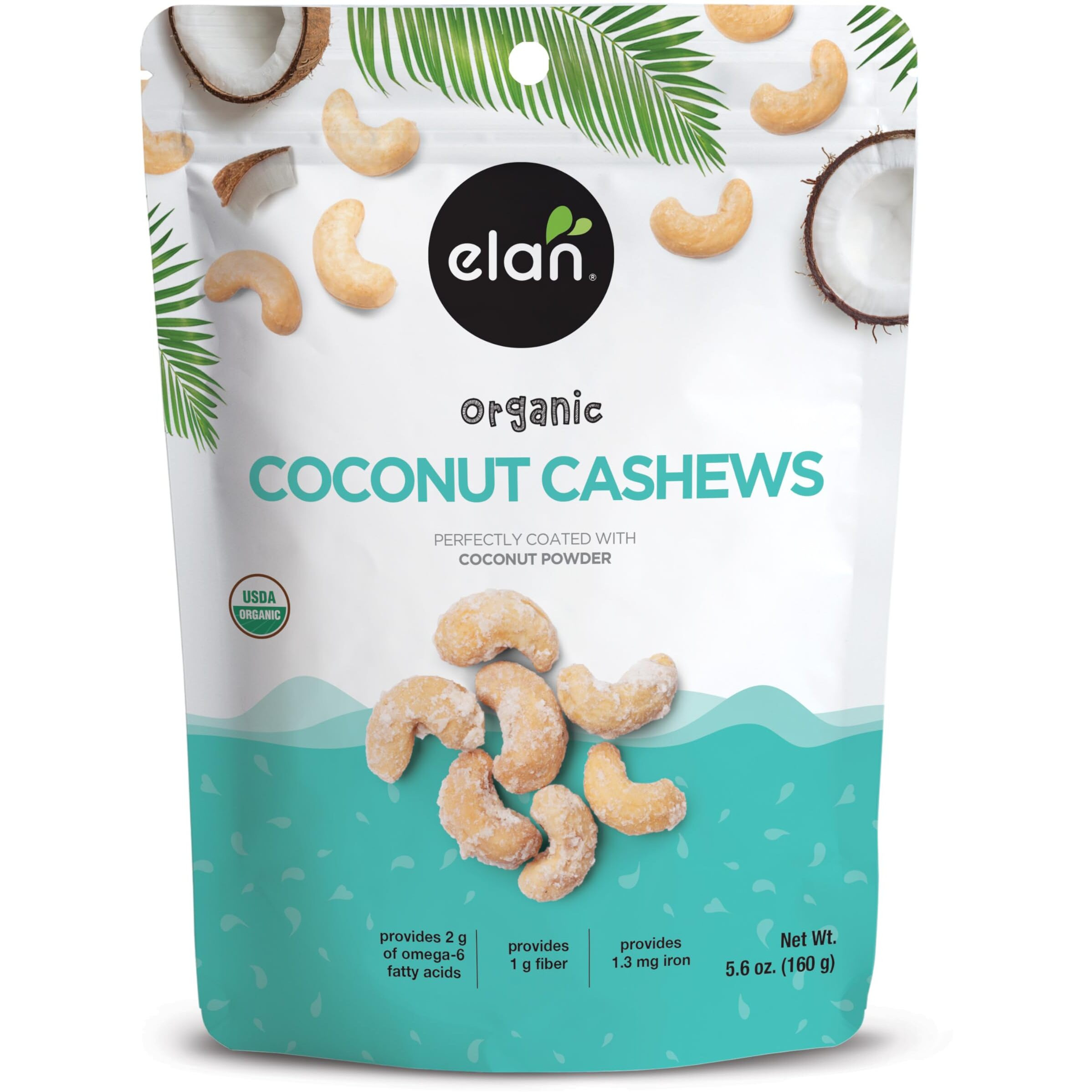 Elan Organic Coconut Cashews, 5.6 Oz, Non-Gmo, Gluten-Free, Vegan, Kosher, Glazed Nuts (Roasted Cashews, Coconut Milk Powder, Himalayan Pink Salt), Superfood Infused Nuts