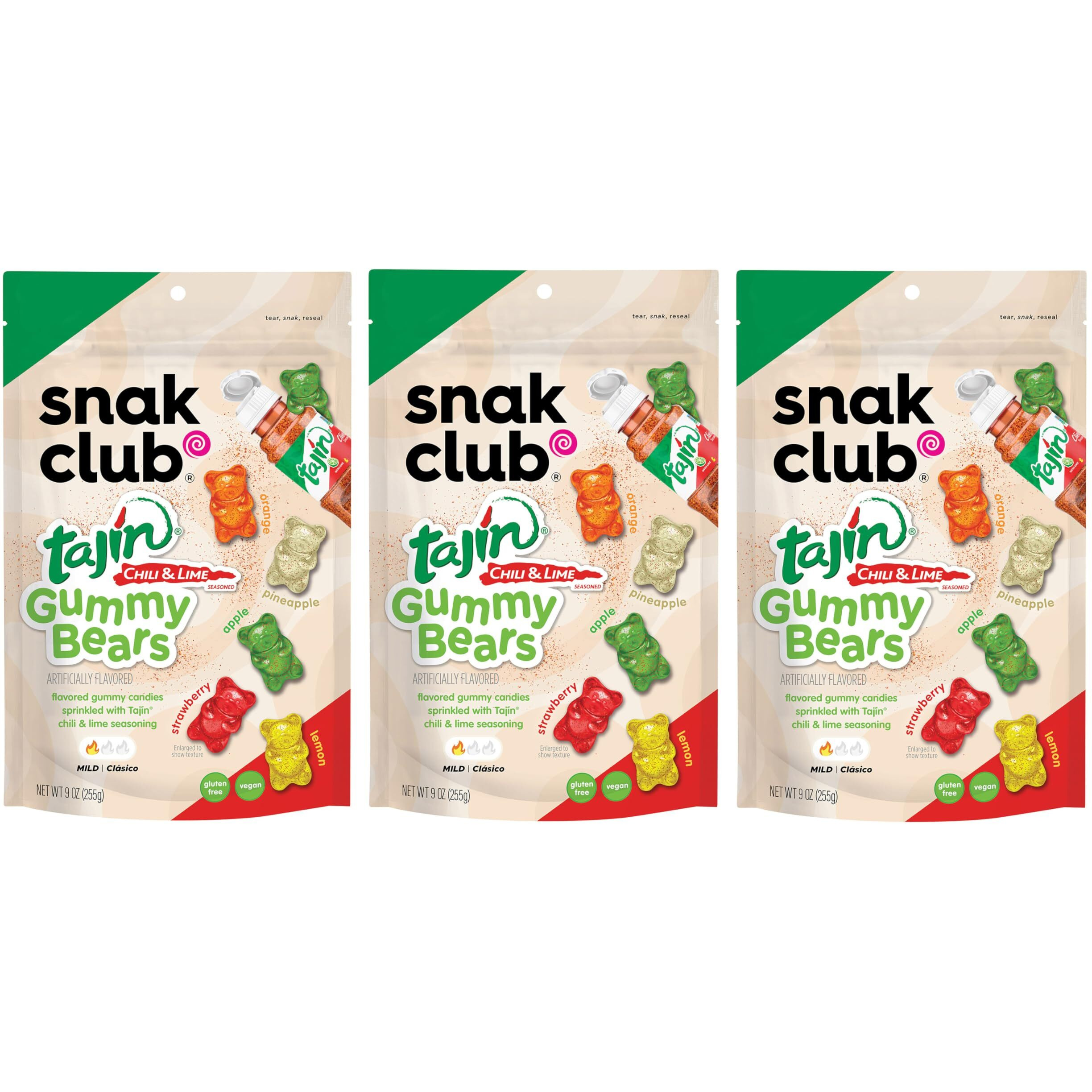 Snak Club Tajin Gummy Bears, Assorted Fruit Candy Gummies With Chili And Lime Seasoning, Mild Spice, Gluten-Free And Vegan Snacks, 9 Oz Resealable Bags, 3 Pack