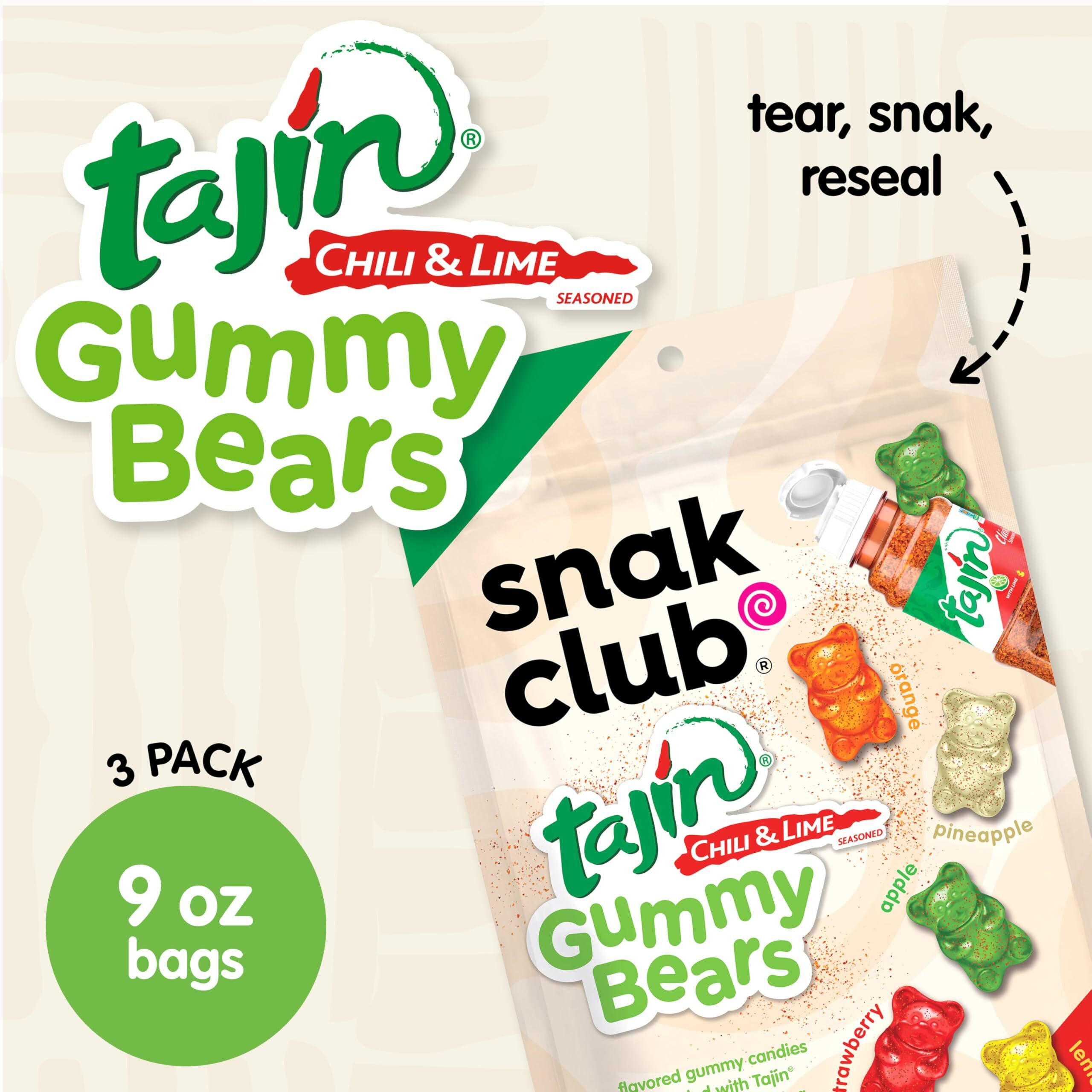 Snak Club Tajin Gummy Bears, Assorted Fruit Candy Gummies With Chili And Lime Seasoning, Mild Spice, Gluten-Free And Vegan Snacks, 9 Oz Resealable Bags, 3 Pack