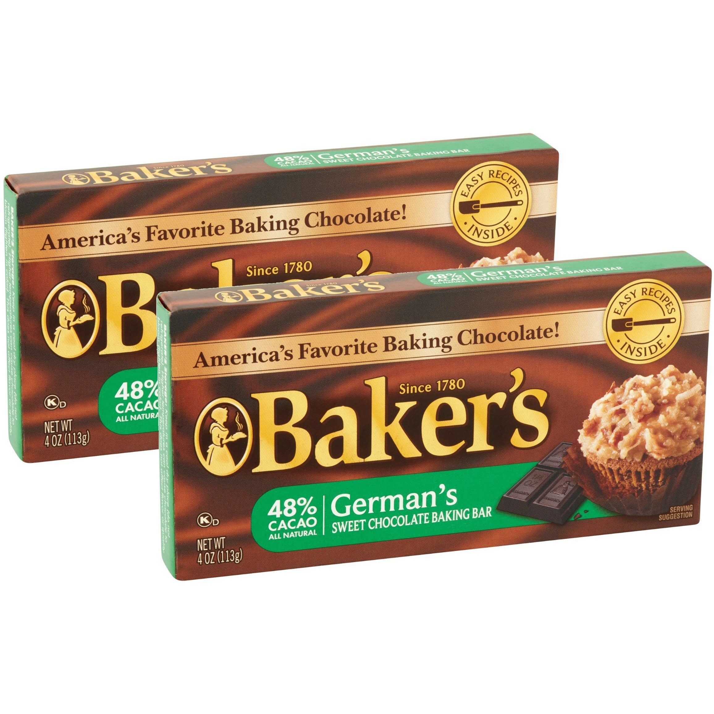 Lot Of 2 Baker's 4 Oz. Sweet Chocolate Bar-German's All Natural 48% Cacao