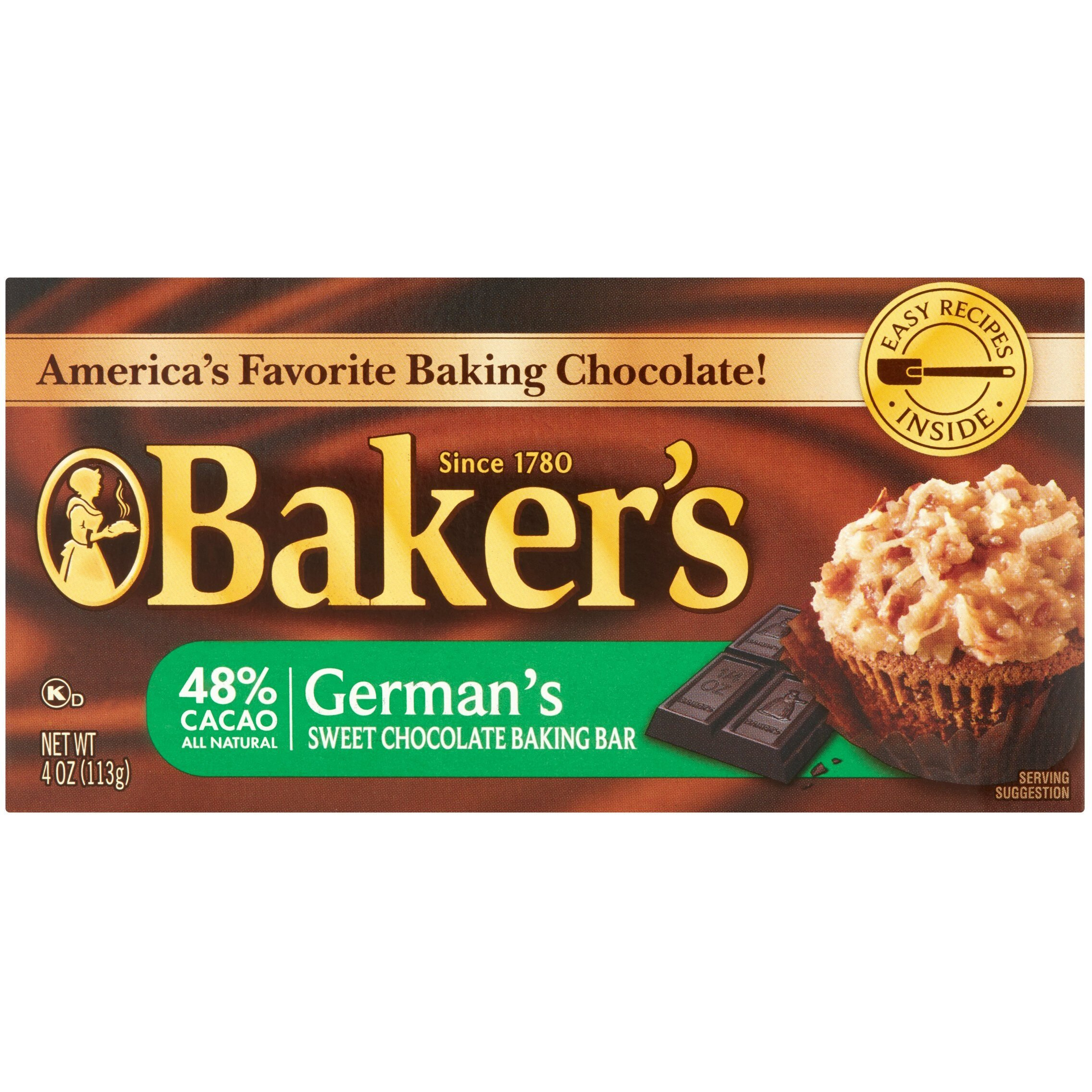 Lot Of 2 Baker's 4 Oz. Sweet Chocolate Bar-German's All Natural 48% Cacao