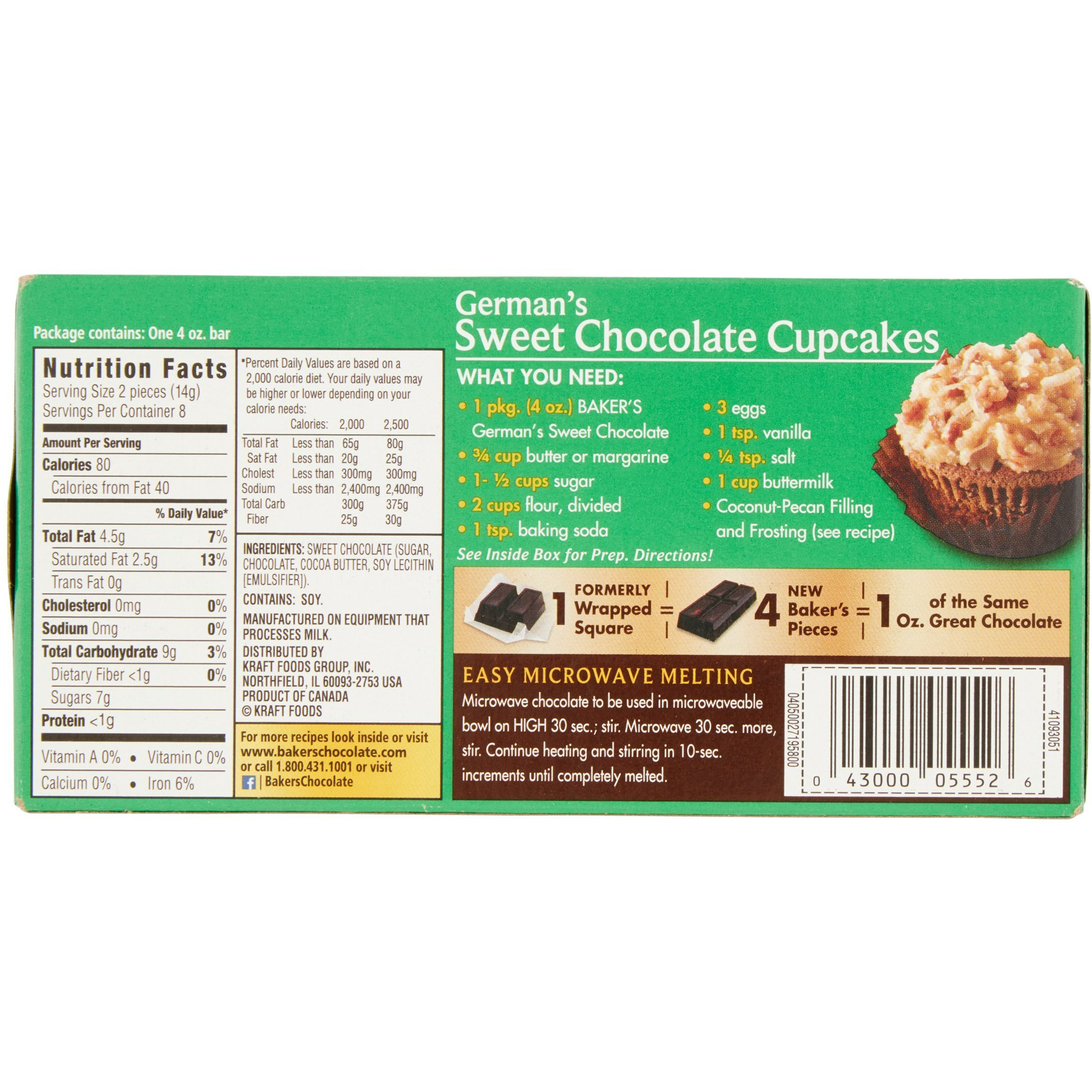 Lot Of 2 Baker's 4 Oz. Sweet Chocolate Bar-German's All Natural 48% Cacao