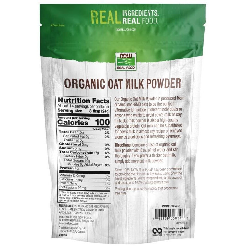 Now Foods, Organic Oat Milk Powder, Dairy And Soy Free, No Sugar Added, Vegan, Ngmo, Gluten Free, 12 Ounce