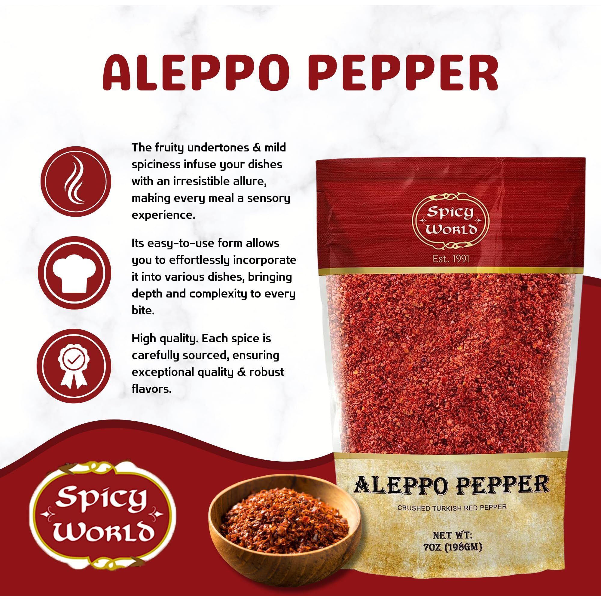 Spicy World Aleppo Pepper Flakes 7 Oz | Authentic Turkish Chili Spice For Exquisite Heat & Flavor | Premium Crushed Chili Pepper From Halaby Region | Popular In Turkish & Middle Eastern Cooking