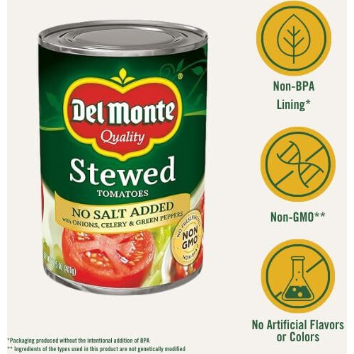 Del Monte Stewed Tomatoes With Onions, Celery, And Green Peppers, No Salt Added, 14.0Z (12 Pack)